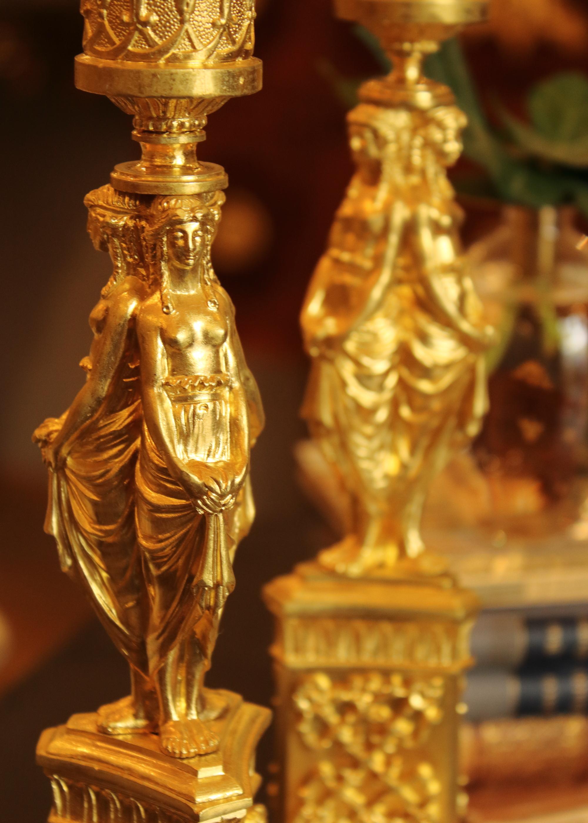 19th Century French Napoleon III Gilt Bronze Female Caryatids Candlesticks For Sale 3