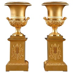 19th Century Pair of Ormolu Medici Vases with Lyres