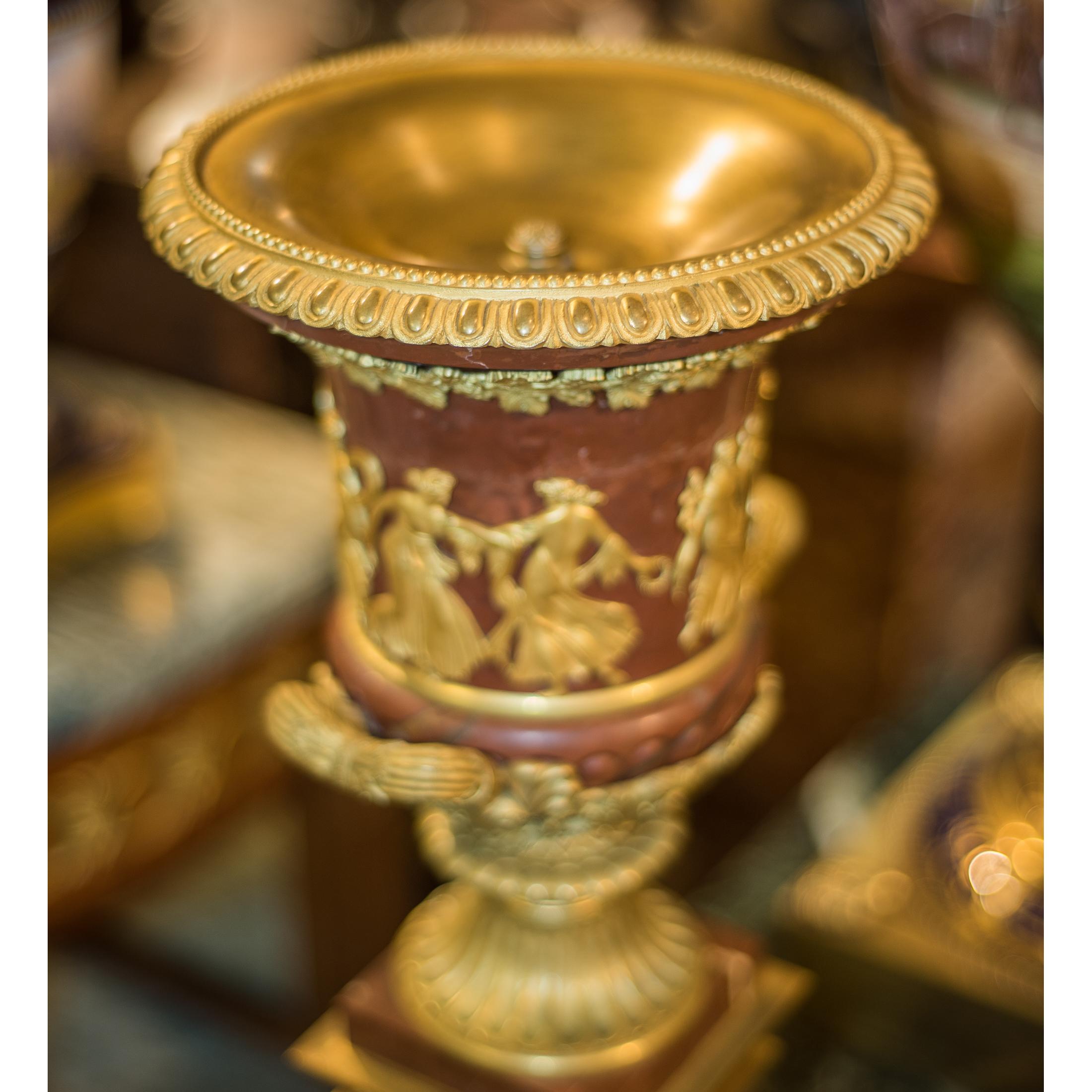 French 19th Century Pair of Ormolu Mounted Rouge Marble Urns
