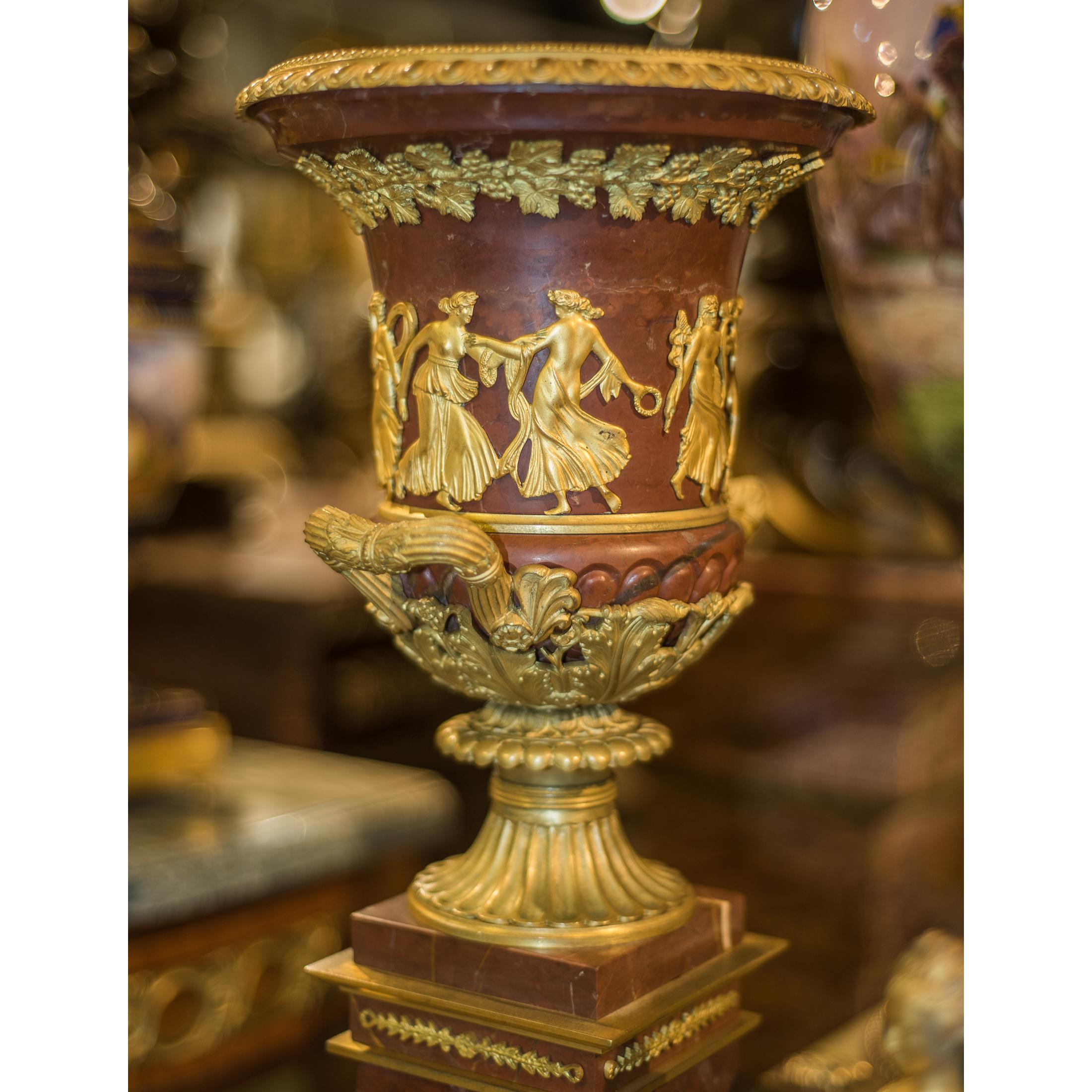 Gilt 19th Century Pair of Ormolu Mounted Rouge Marble Urns