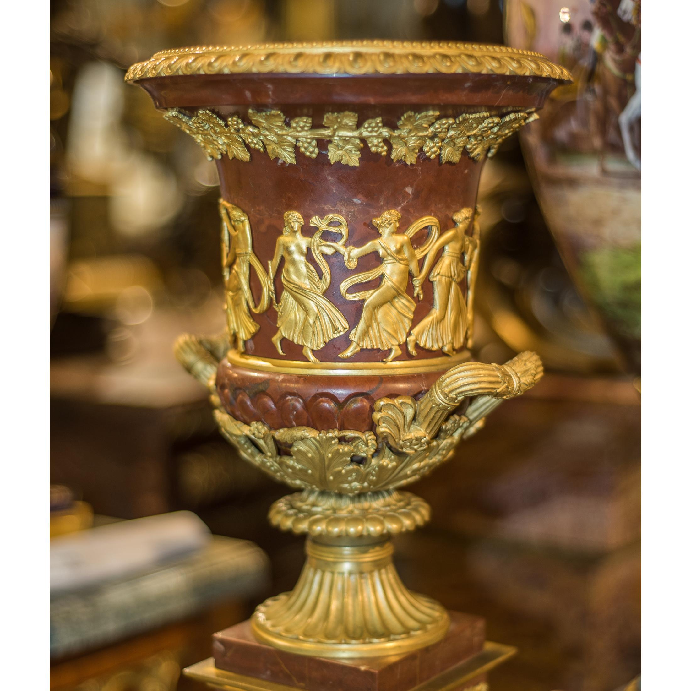 19th Century Pair of Ormolu Mounted Rouge Marble Urns In Good Condition In New York, NY