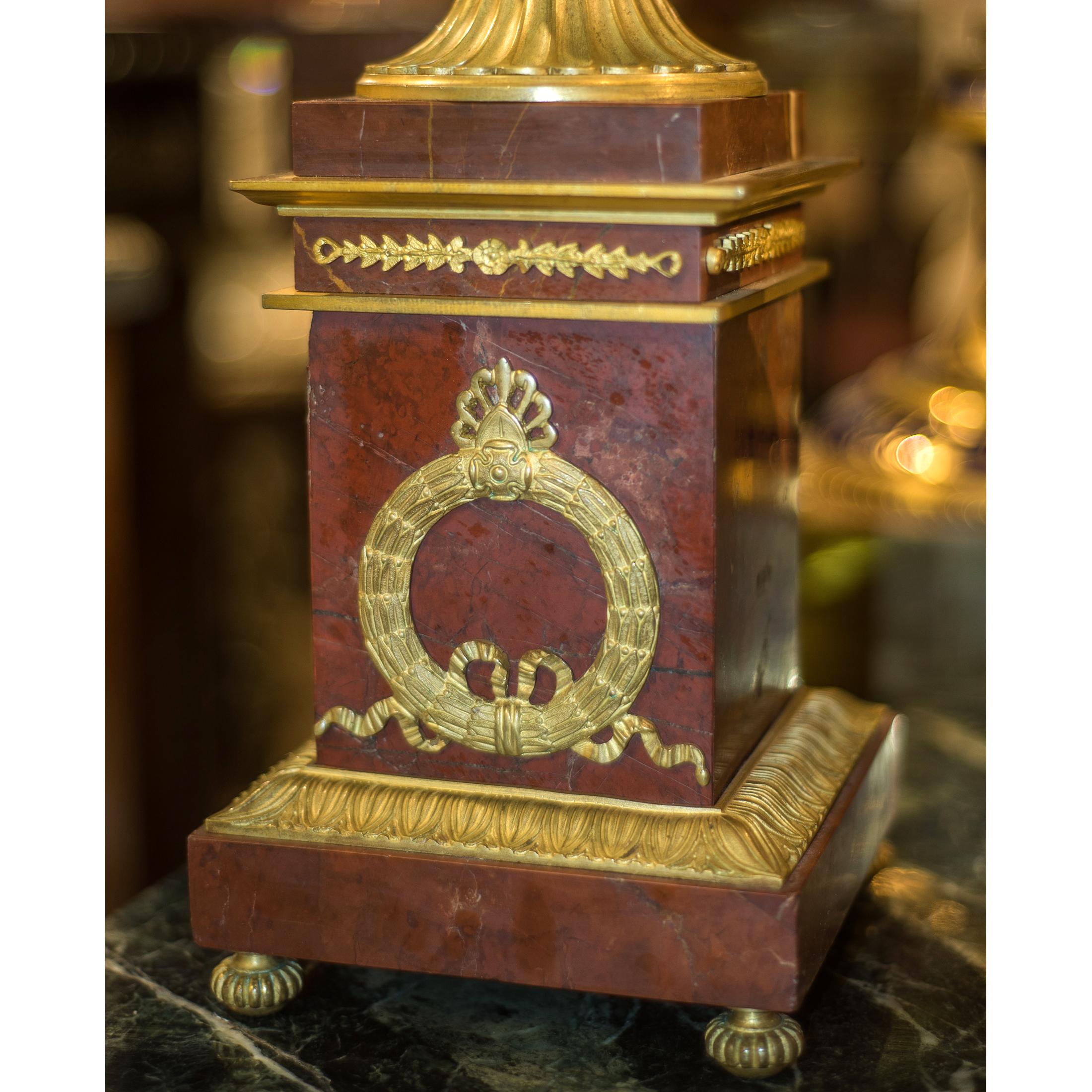 19th Century Pair of Ormolu Mounted Rouge Marble Urns 1