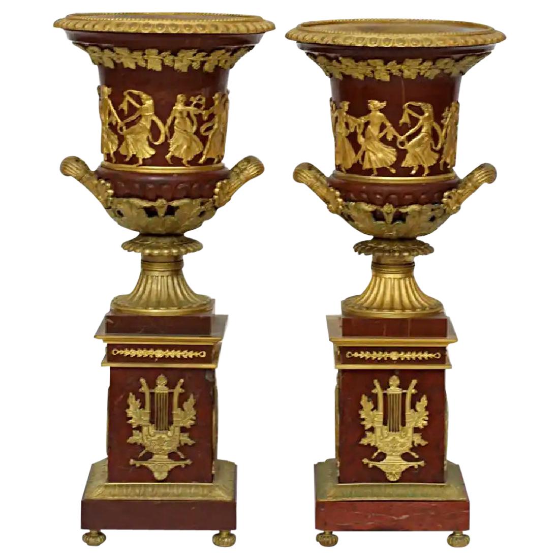 19th Century Pair of Ormolu Mounted Rouge Marble Urns