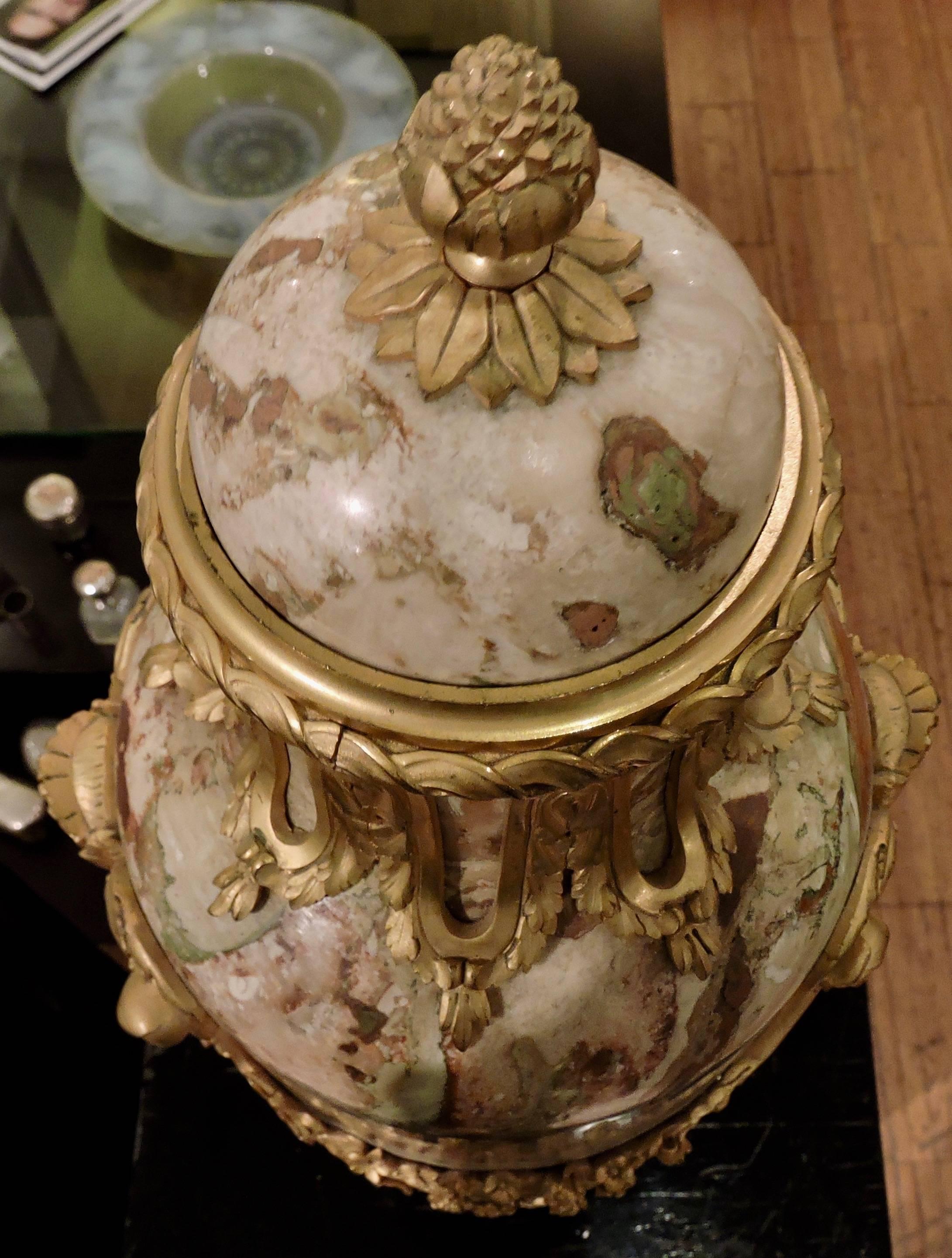 French A 19th Century Pair of Ormolu-Mounted Sarrancolin Marble Cassolettes, circa 1880