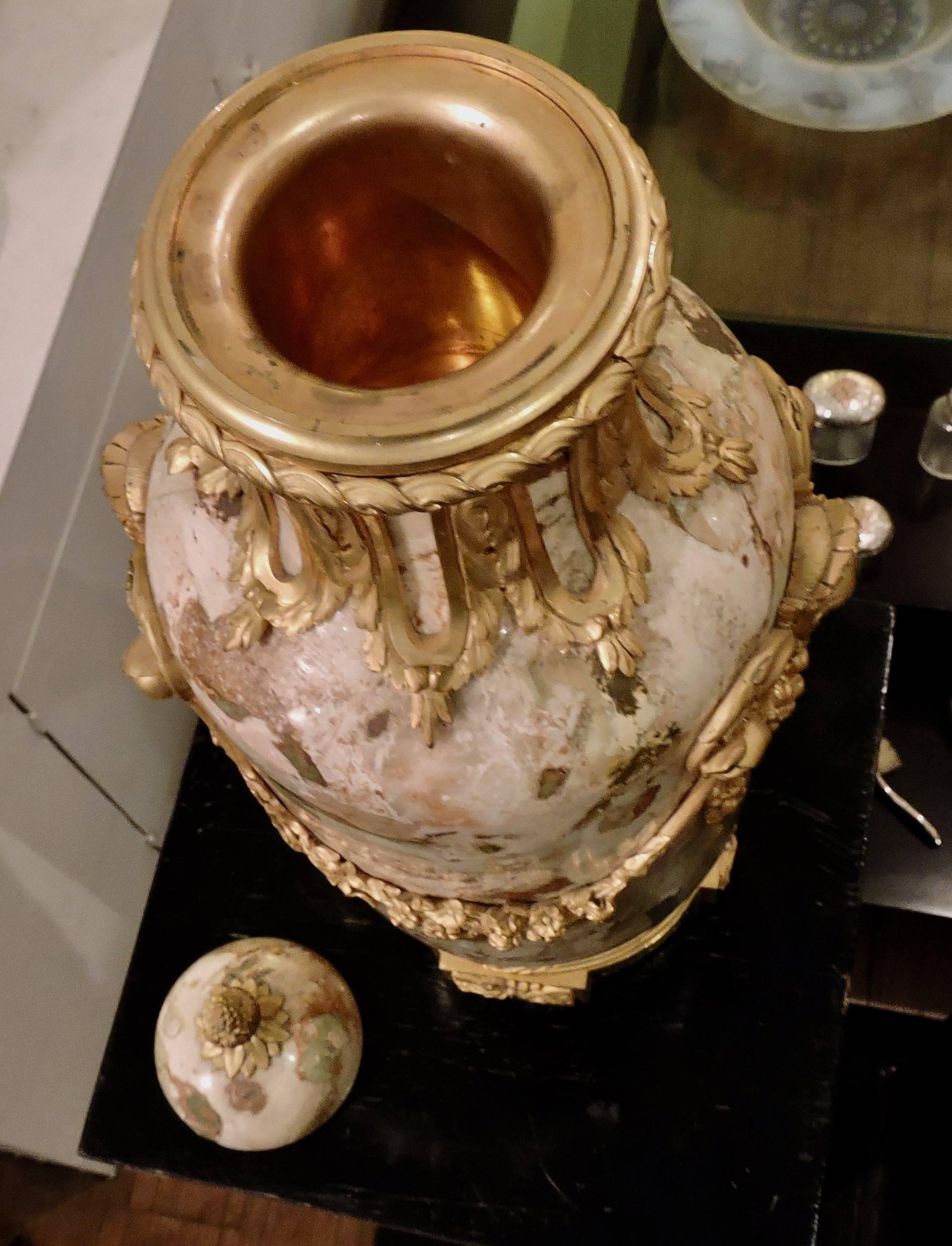 Carved A 19th Century Pair of Ormolu-Mounted Sarrancolin Marble Cassolettes, circa 1880