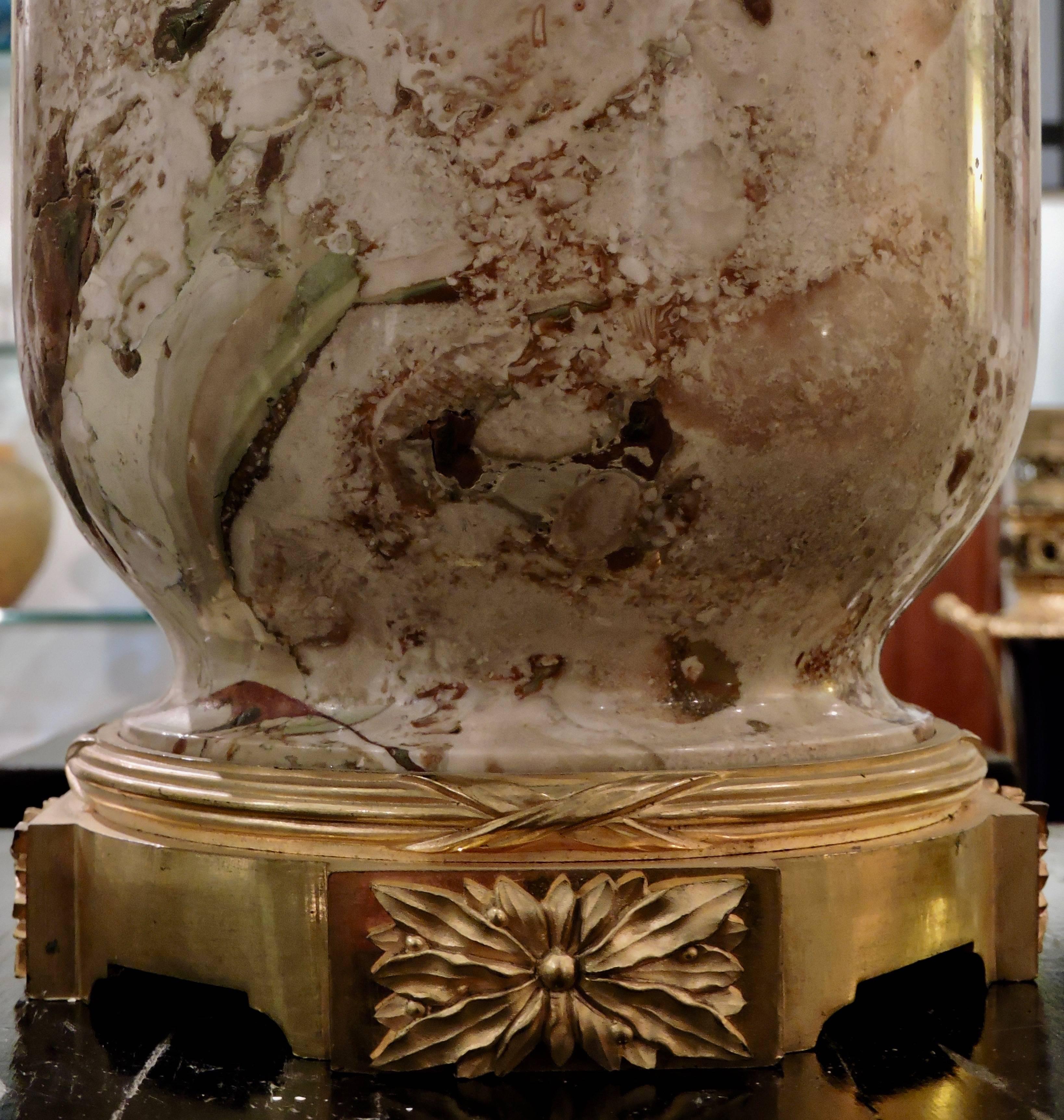 A 19th Century Pair of Ormolu-Mounted Sarrancolin Marble Cassolettes, circa 1880 In Fair Condition In Saint-Ouen, FR