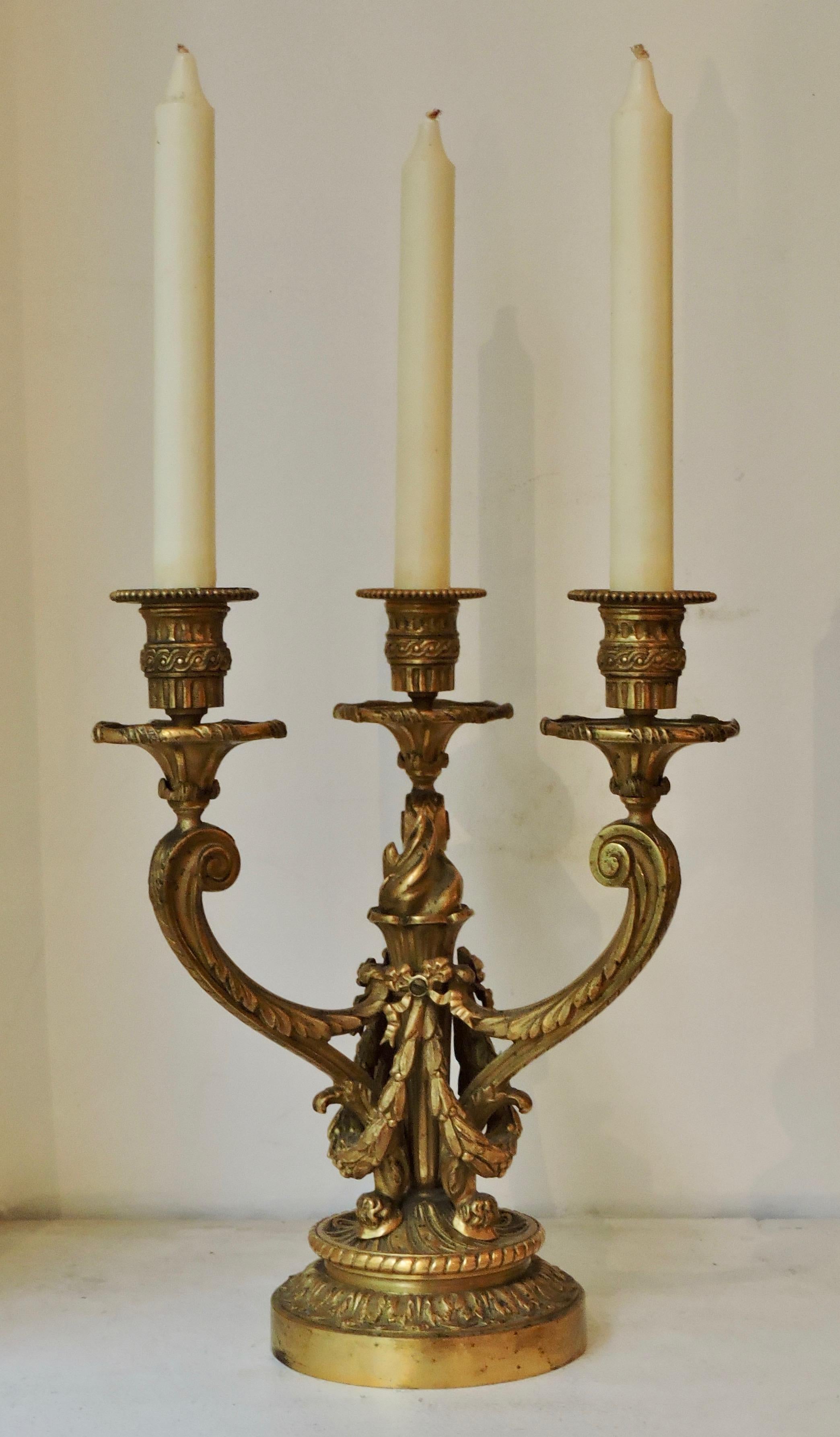 French 19th Century Pair of Ormolu Three-Lights Candelabras