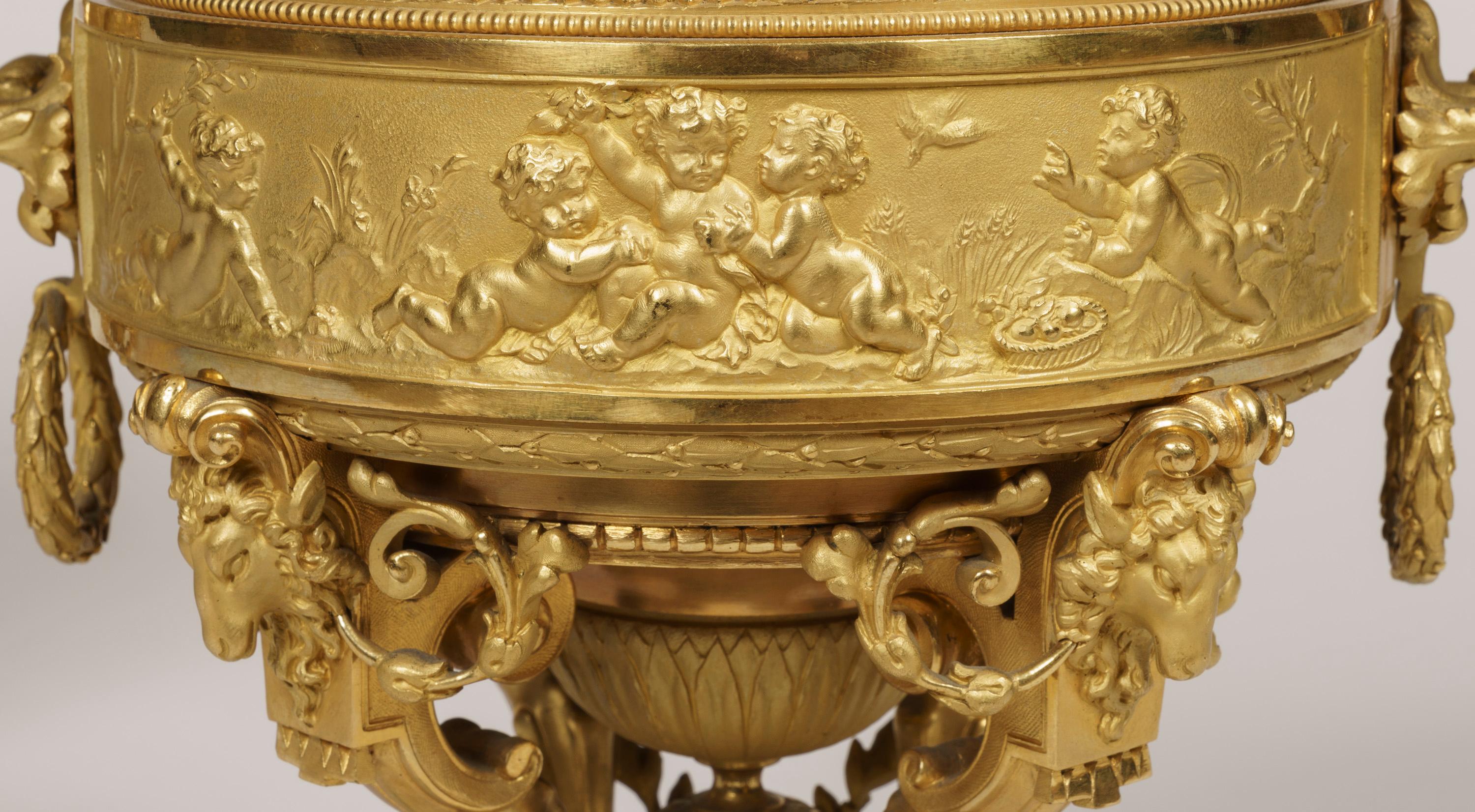 A pair of French Bonbonnières in ormolu in the Louis XIV manner

Constructed in ormolu of exceptional colour and casting, rising from four swept and scrolled legs conjoined by incurved stretchers set with finials, the baluster form bodies having a