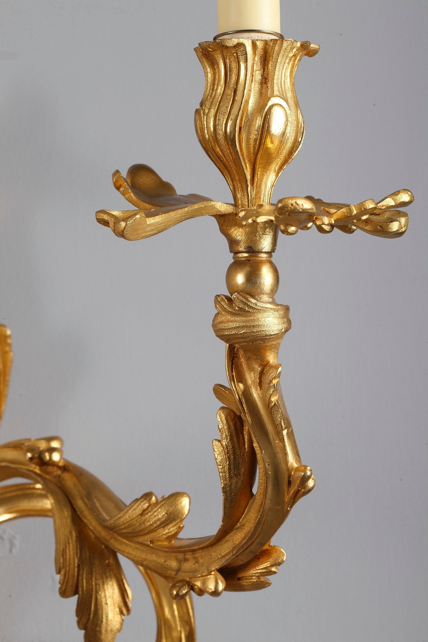 Gilt 19th Century Pair of Ormolu Wall Sconces in Louis XV Style
