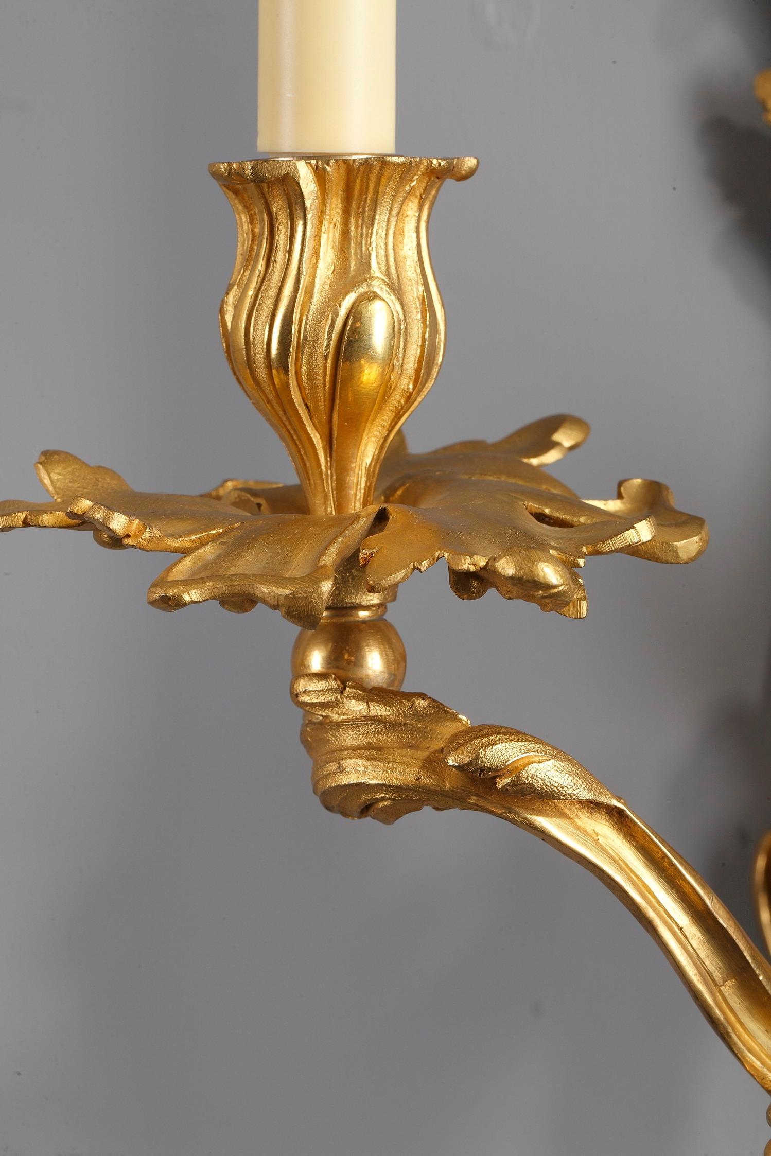 19th Century Pair of Ormolu Wall Sconces in Louis XV Style In Good Condition In Paris, FR