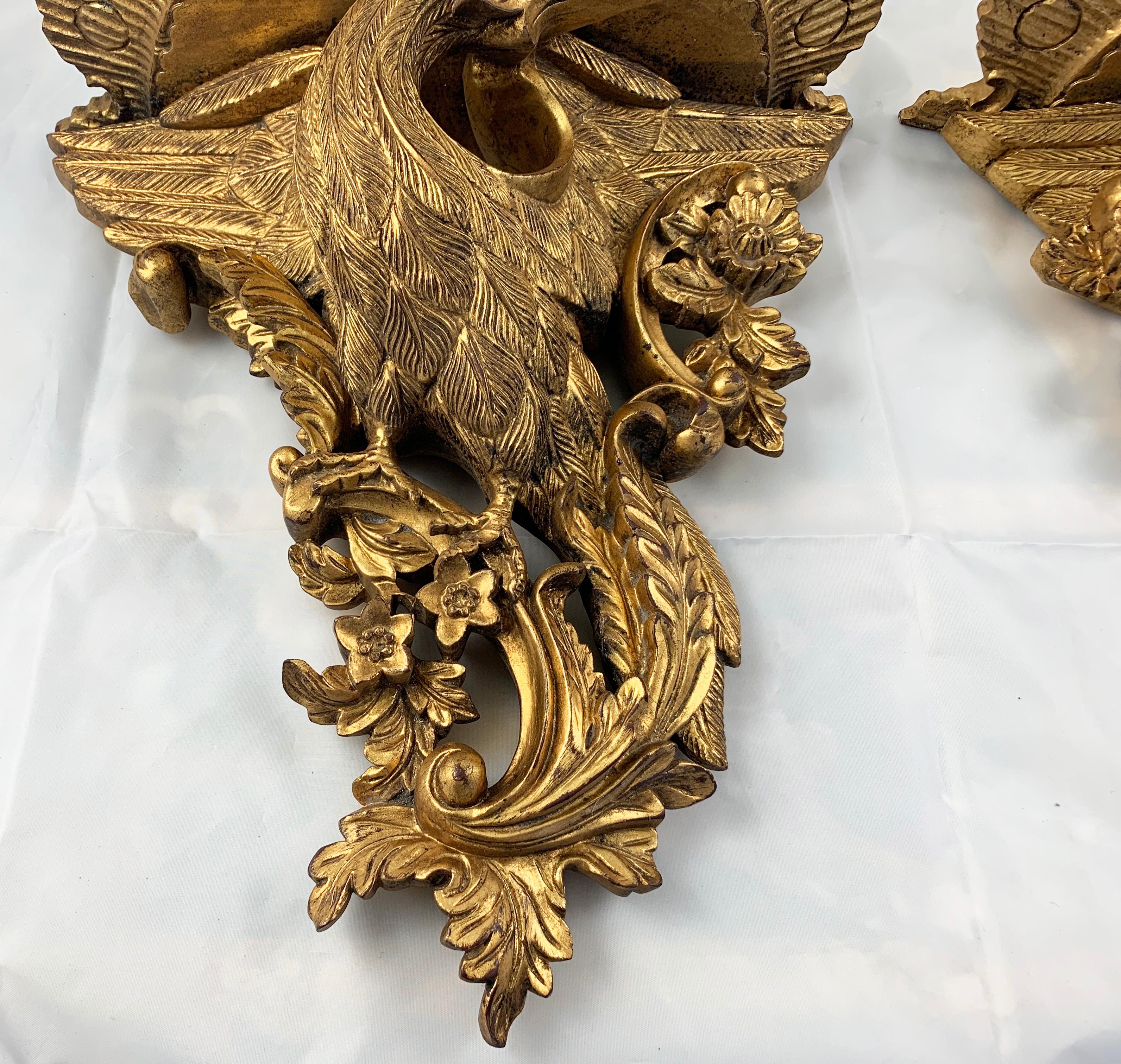 Hand-Carved 19th Century Pair of Ornate Carved Wood Gilt Wall Brackets For Sale