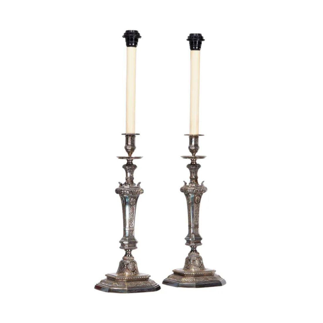 Cette paire de lampes-bougies du XIXe siècle en bronze argenté témoigne du raffinement de l'artisanat et de la richesse ornementale de l'époque. Chaque lampe présente une silhouette élégante avec une colonne richement détaillée, ornée de rinceaux
