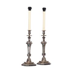 19th Century Pair of Ornate Silvered Bronze Candlestick Lamps