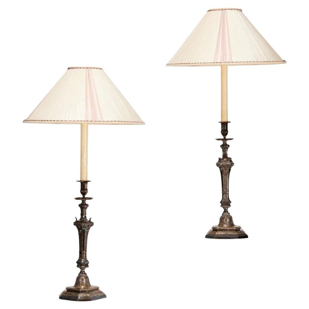 19th Century Pair of Ornate Silvered Bronze Candlestick Lamps