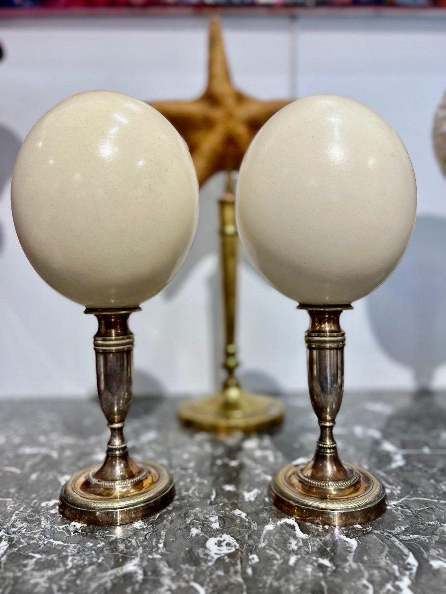 Napoleon III 19th Century Pair of Ostrich Eggs on Silver Base 