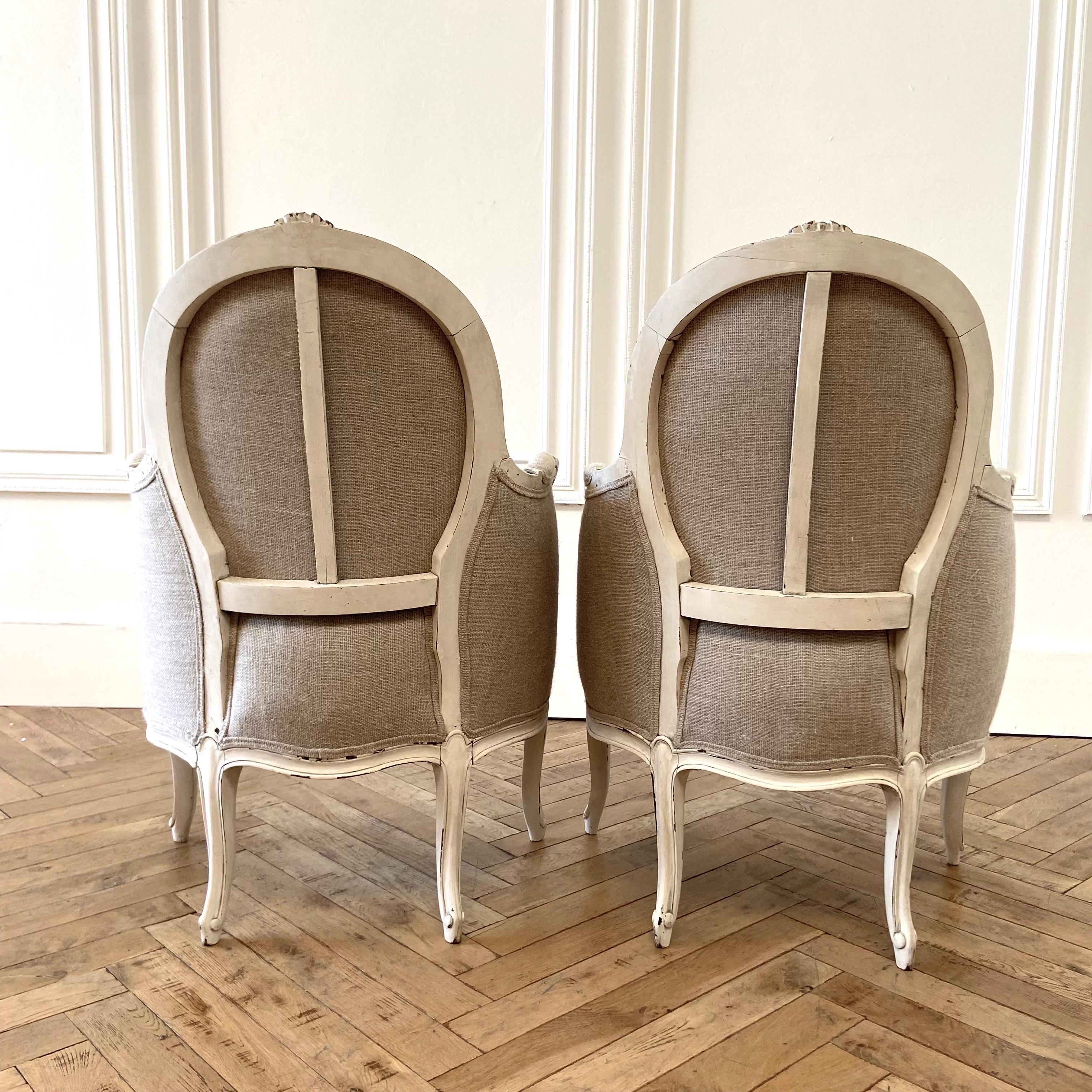 19th Century Pair of Painted and Upholstered Linen Bergere Chairs In Good Condition For Sale In Brea, CA