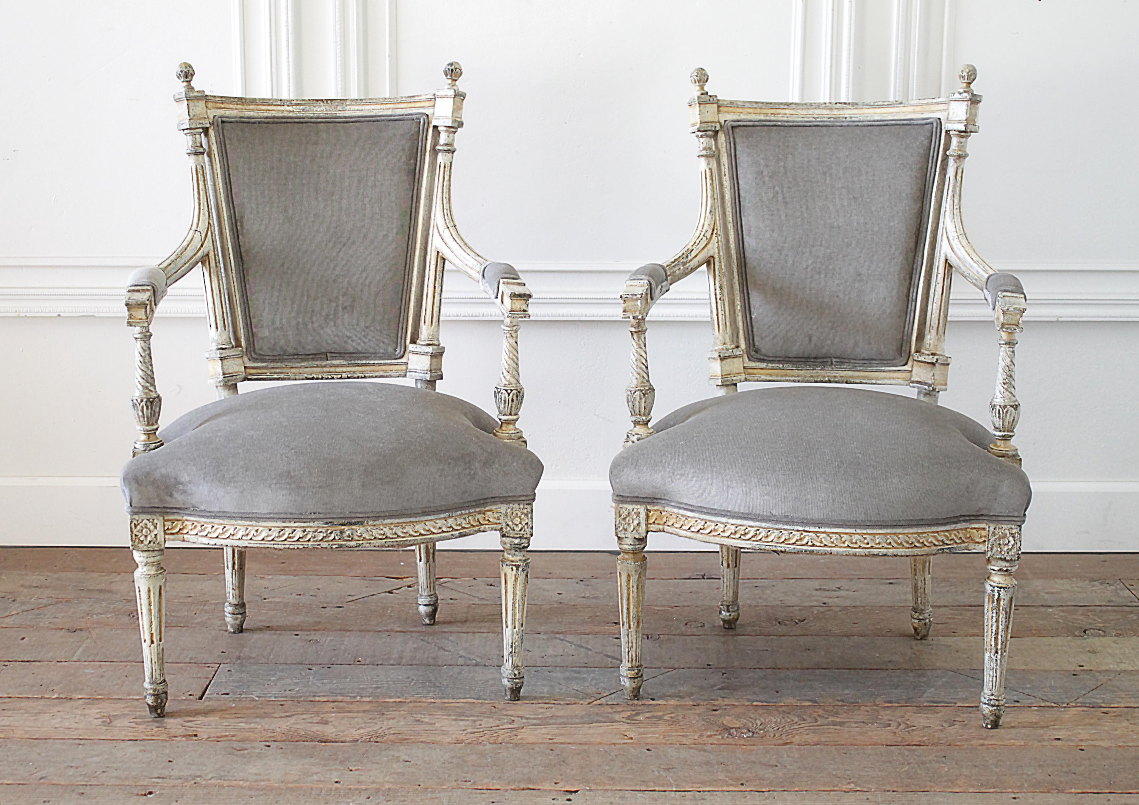 French 19th Century Pair of Painted and Upholstered Louis XVI Style Open Arm Fauteuils For Sale