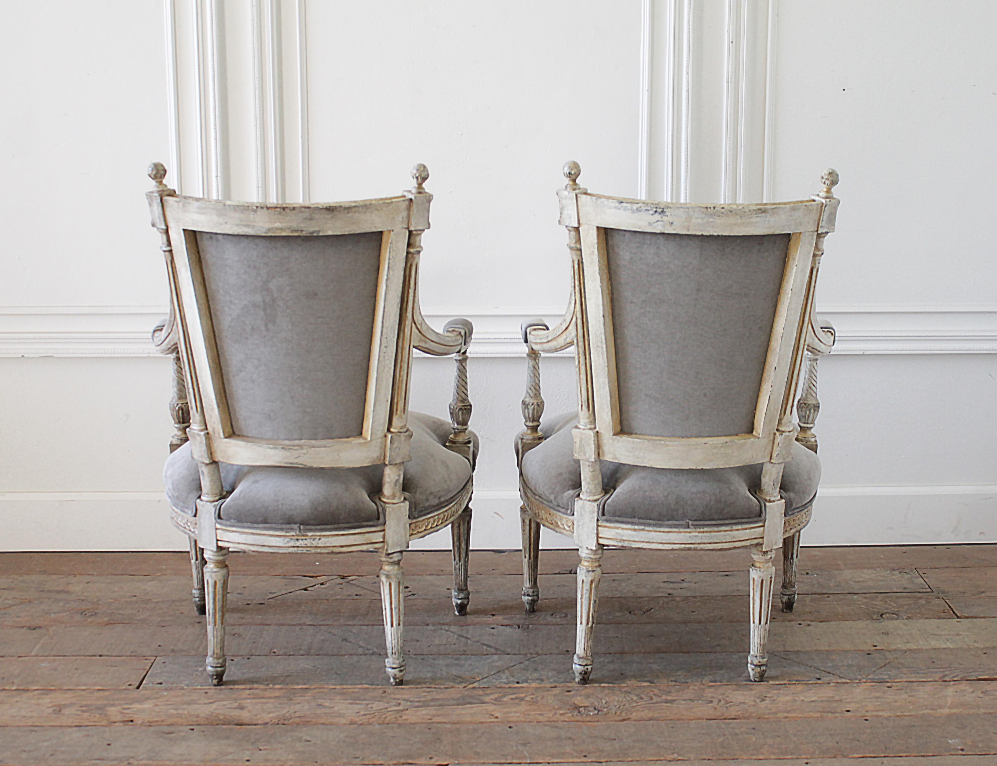 19th Century Pair of Painted and Upholstered Louis XVI Style Open Arm Fauteuils In Good Condition For Sale In Brea, CA