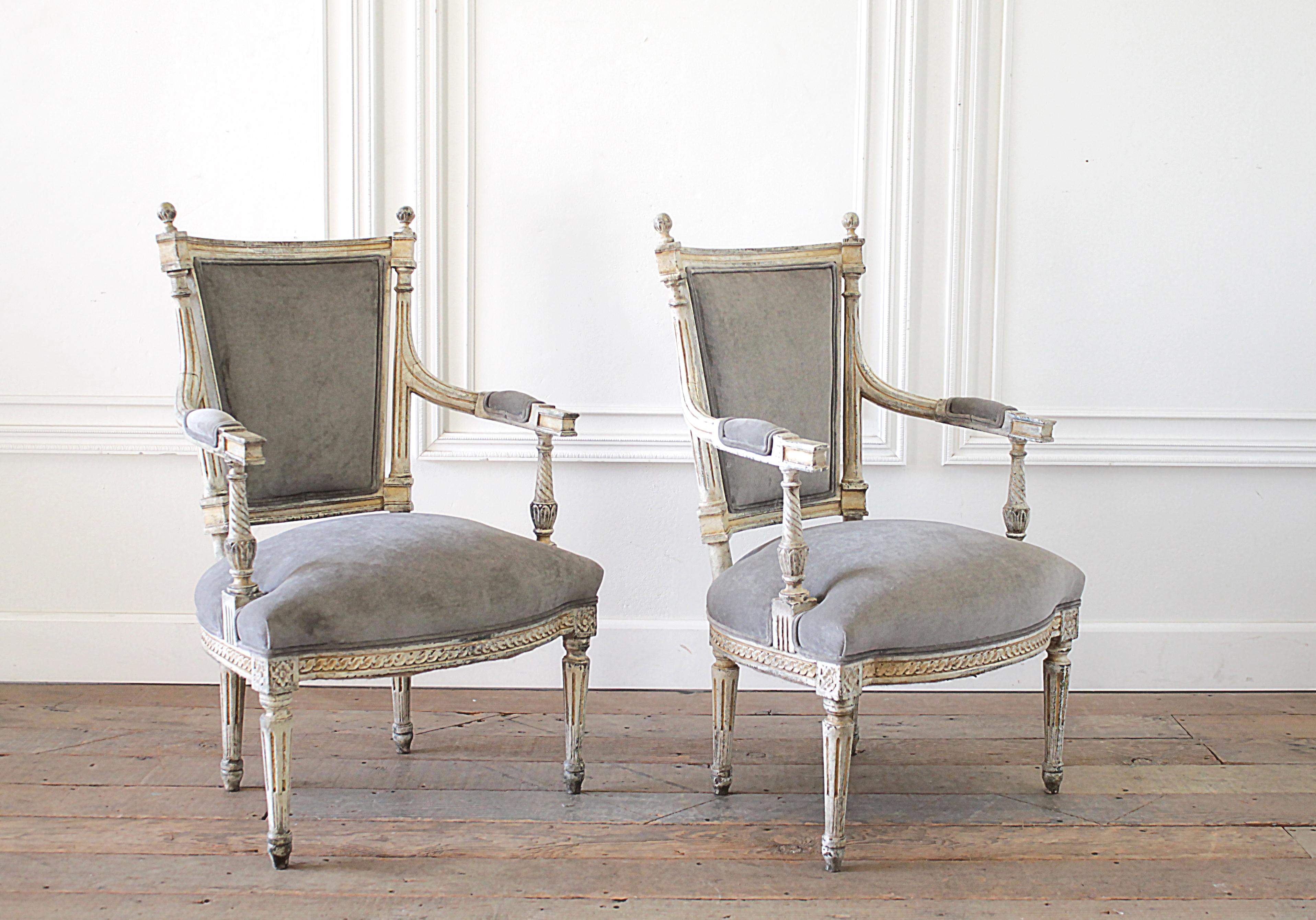 19th Century Pair of Painted and Upholstered Louis XVI Style Open Arm Fauteuils For Sale 1