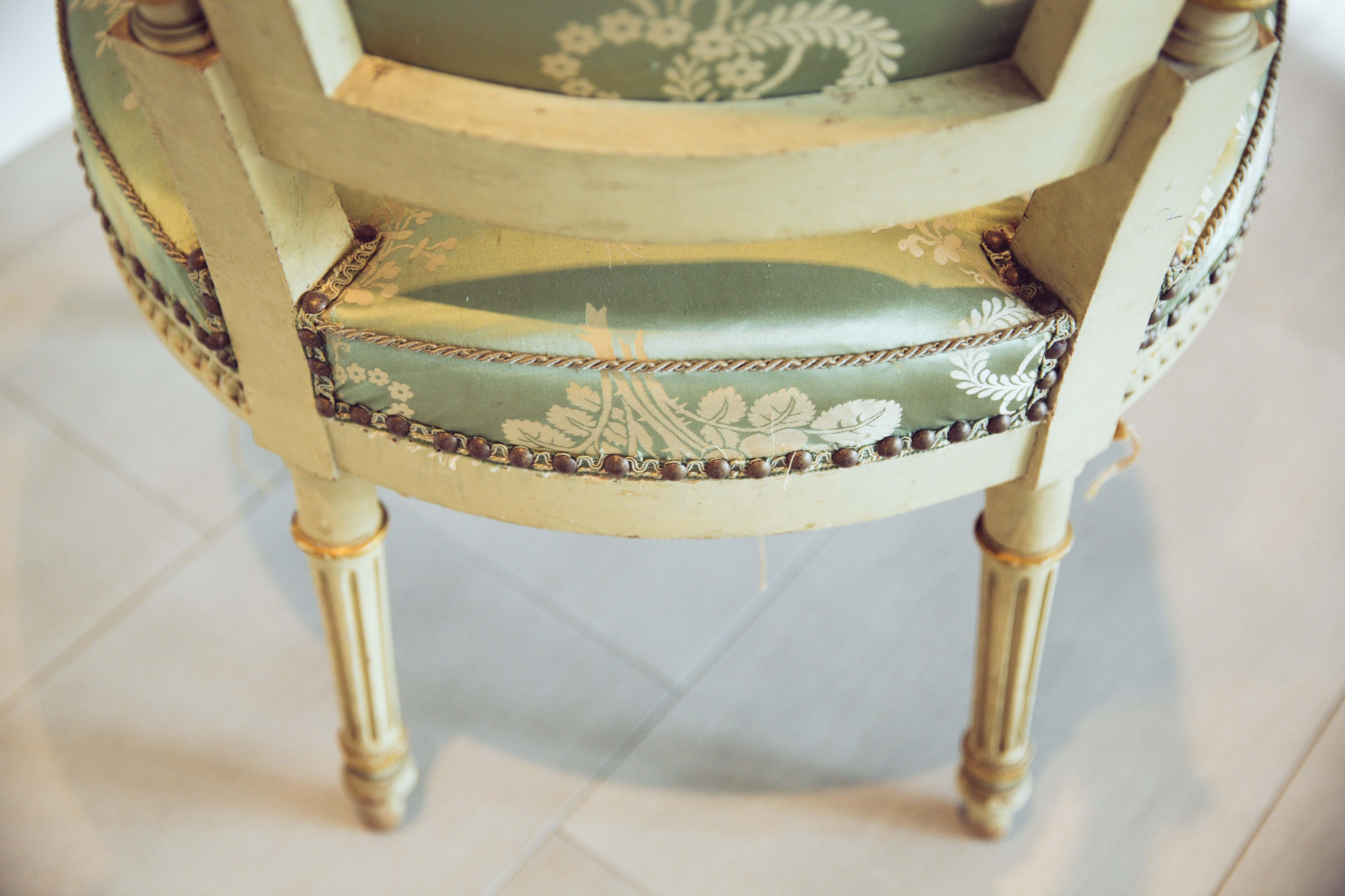 19th Century Pair of Painted Louis XVI Style Open Arm Fauteuils For Sale 6