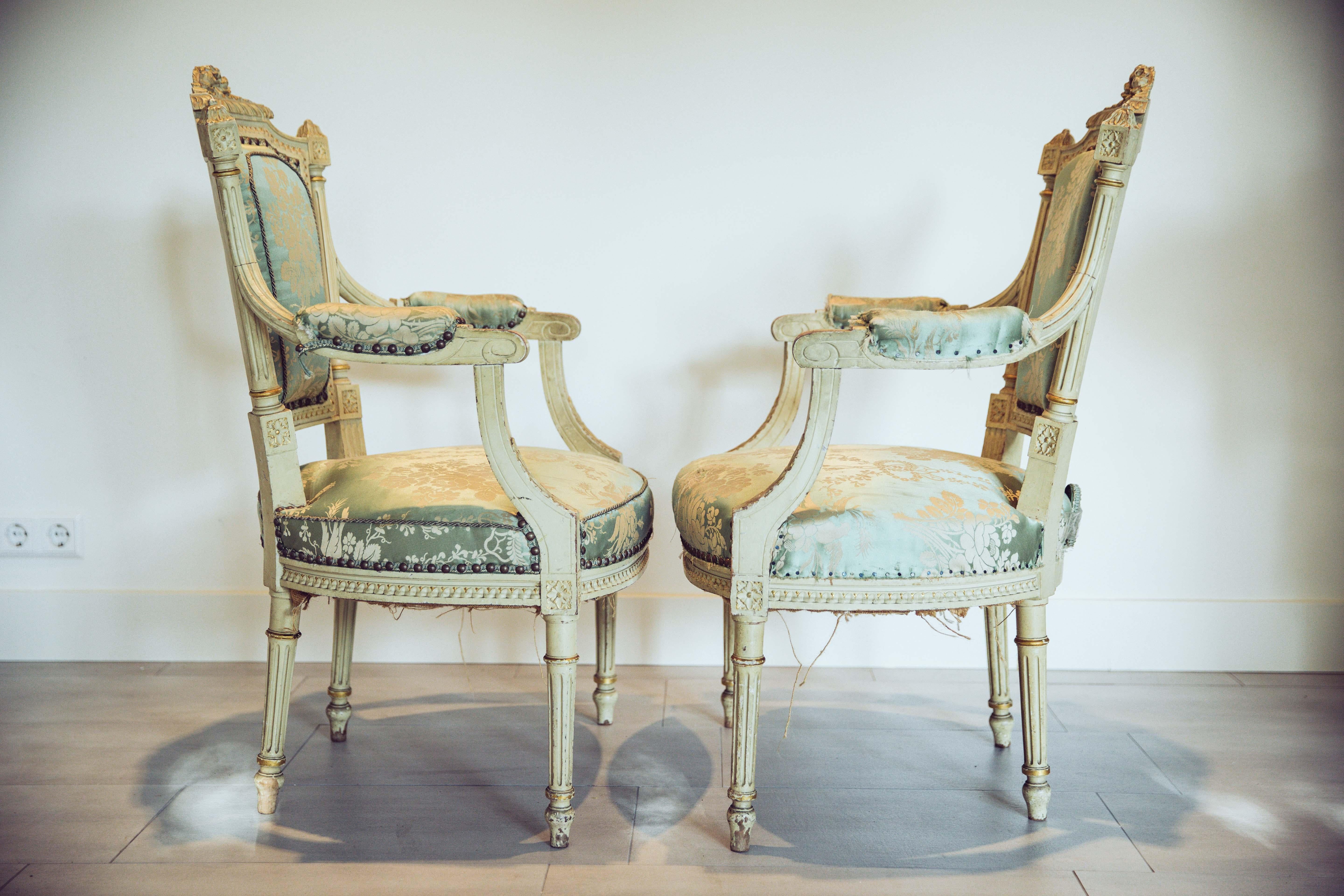French 19th Century Pair of Painted Louis XVI Style Open Arm Fauteuils For Sale