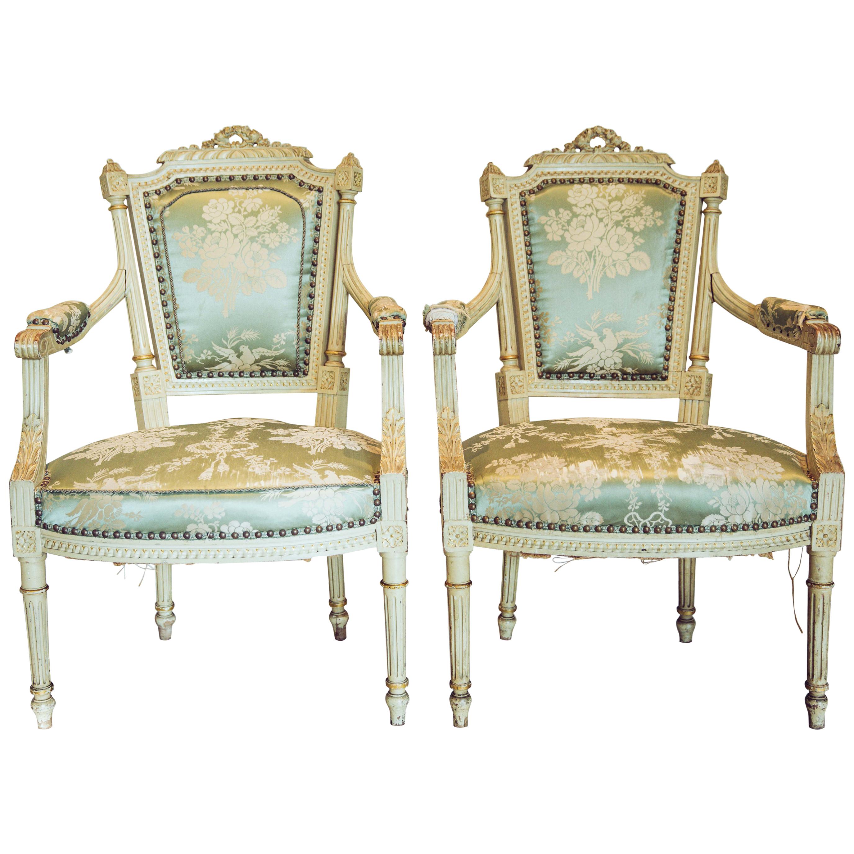 19th Century Pair of Painted Louis XVI Style Open Arm Fauteuils For Sale