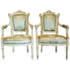19th Century Pair of Painted Louis XVI Style Open Arm Fauteuils