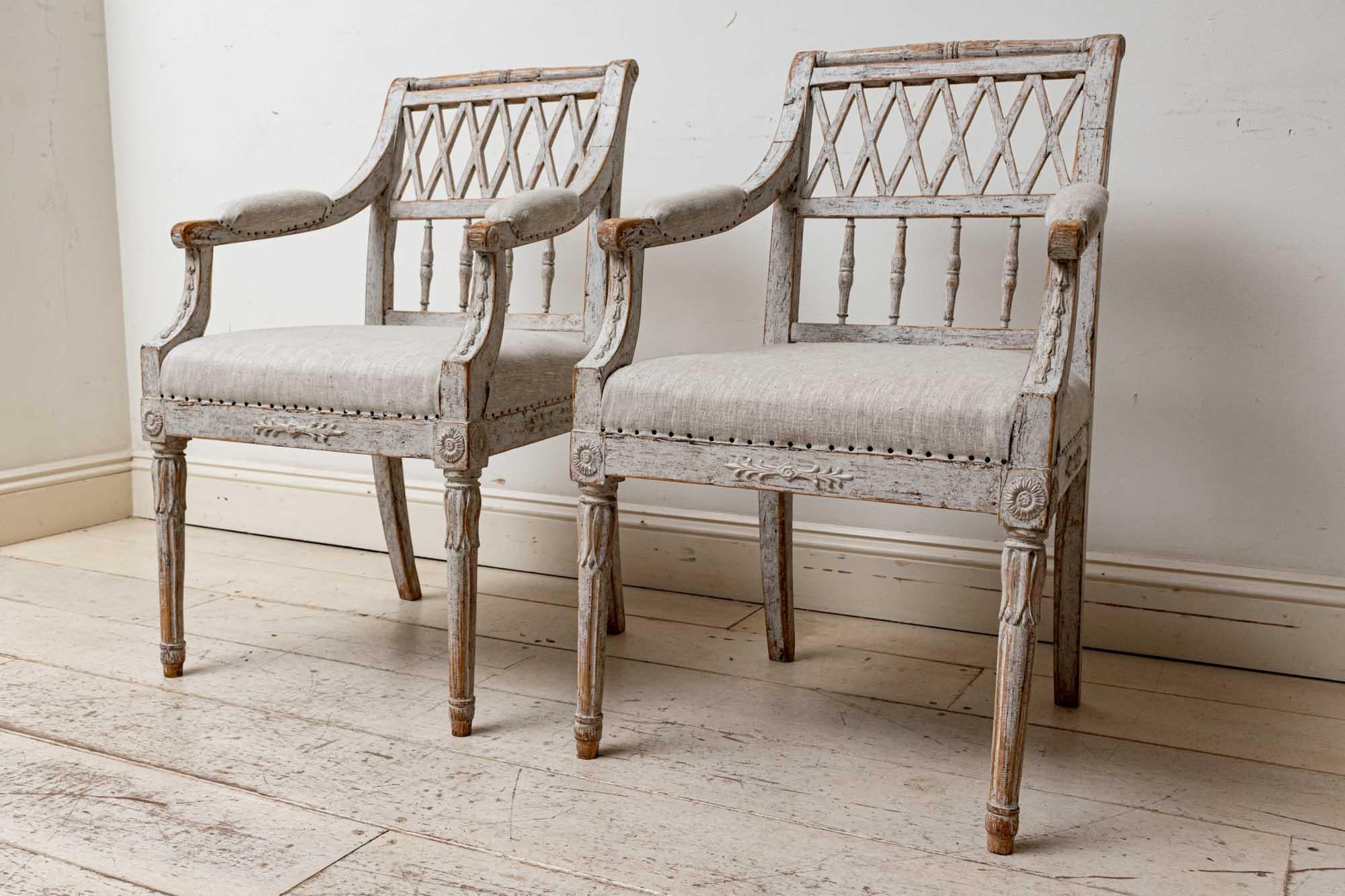 Gustavian 19th Century Pair of Painted Swedish Lattice Back Chairs with Spindle Supports