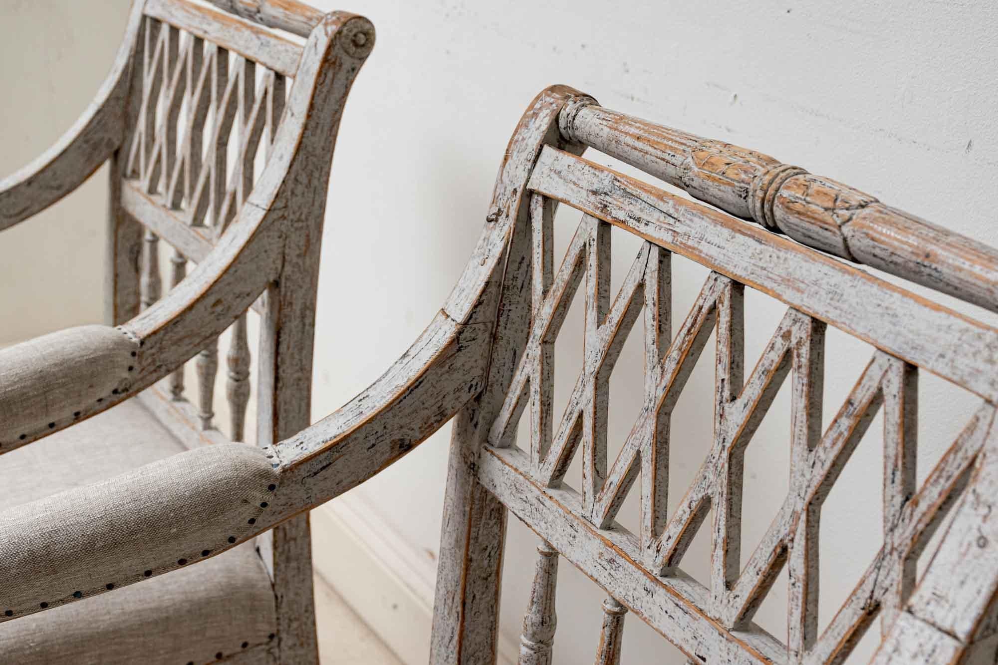 Hand-Painted 19th Century Pair of Painted Swedish Lattice Back Chairs with Spindle Supports