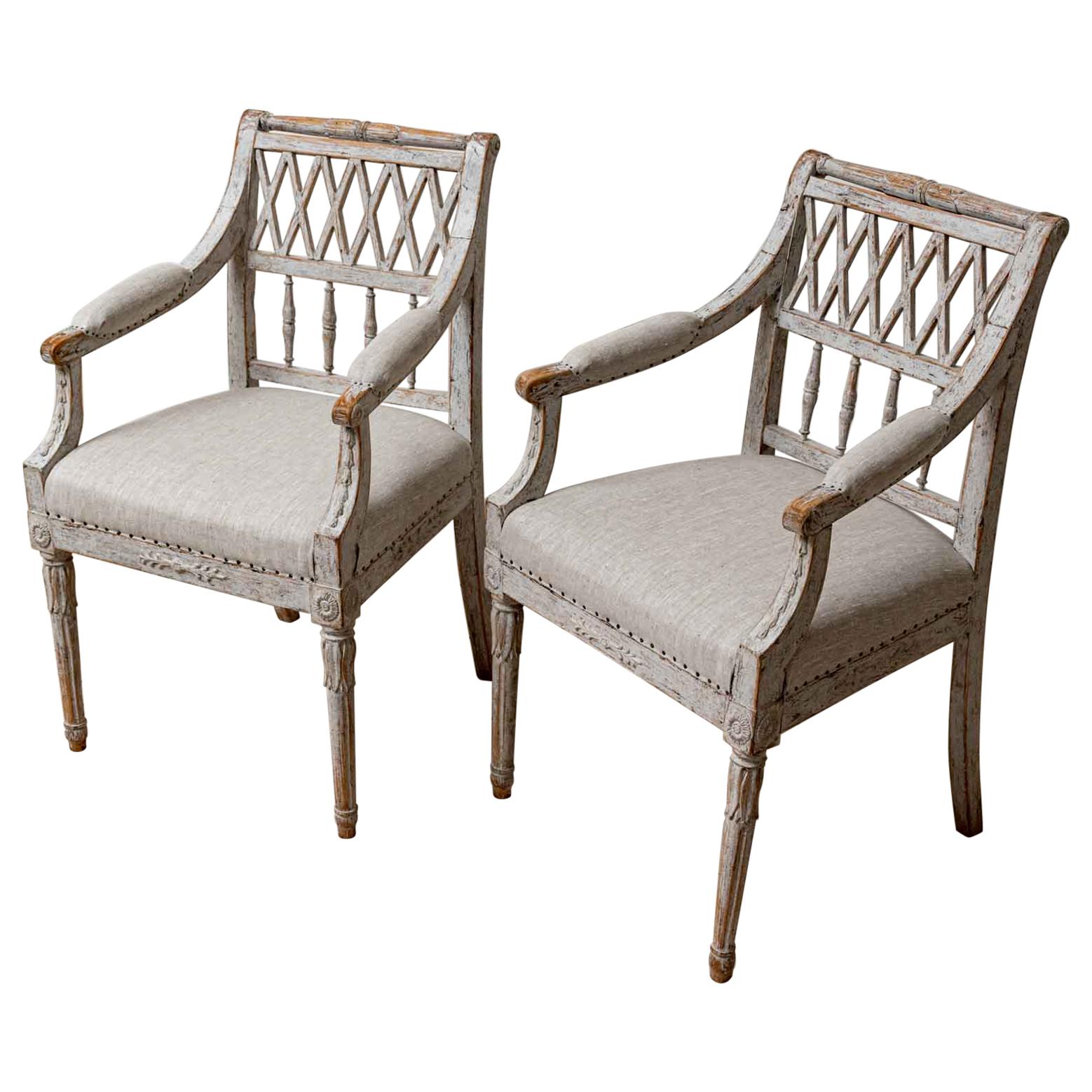 19th Century Pair of Painted Swedish Lattice Back Chairs with Spindle Supports