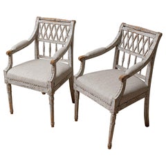 19th Century Pair of Painted Swedish Lattice Back Chairs with Spindle Supports