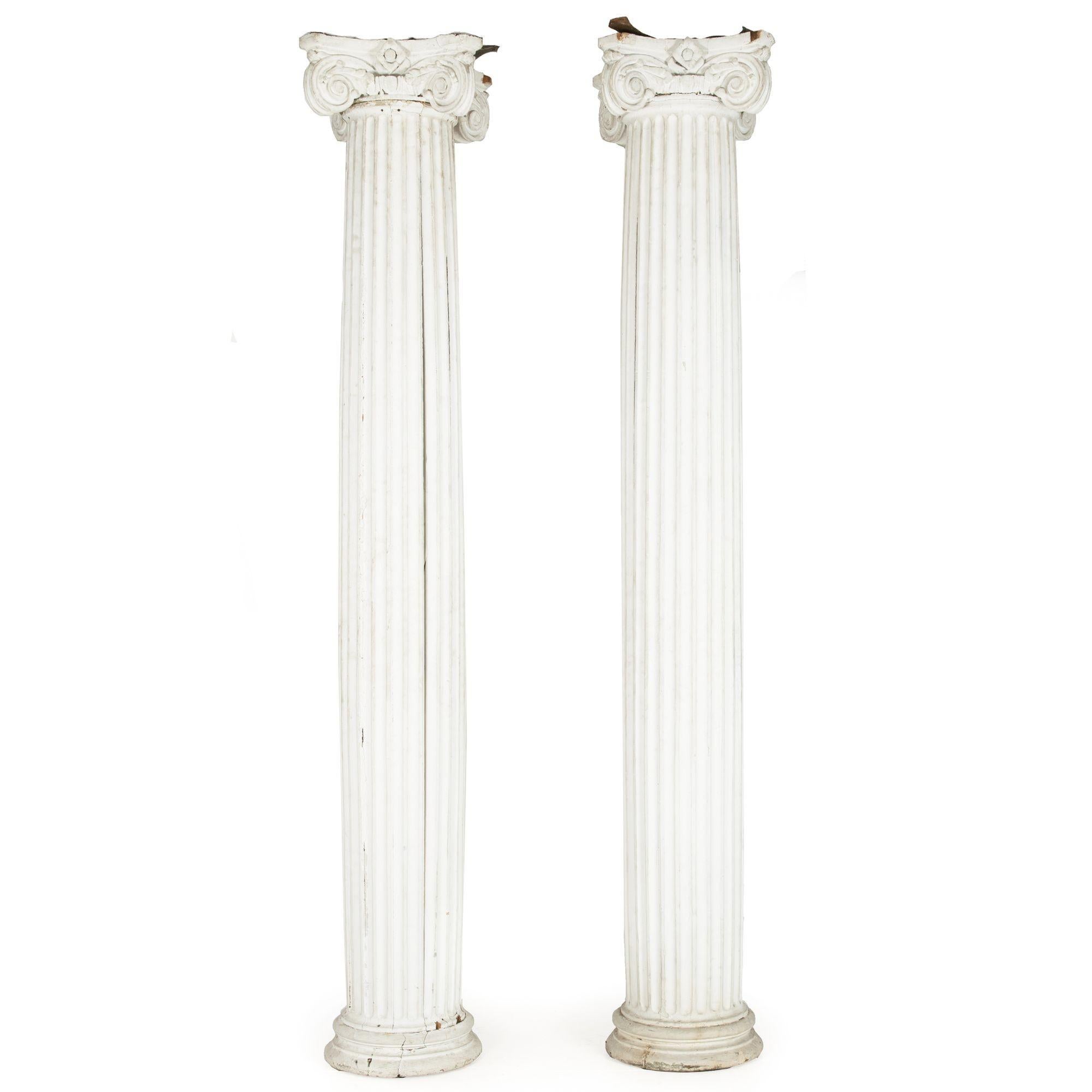 19th Century Pair of Painted Wood Full-Length Columns w/ Ionic Capitals In Fair Condition In Shippensburg, PA