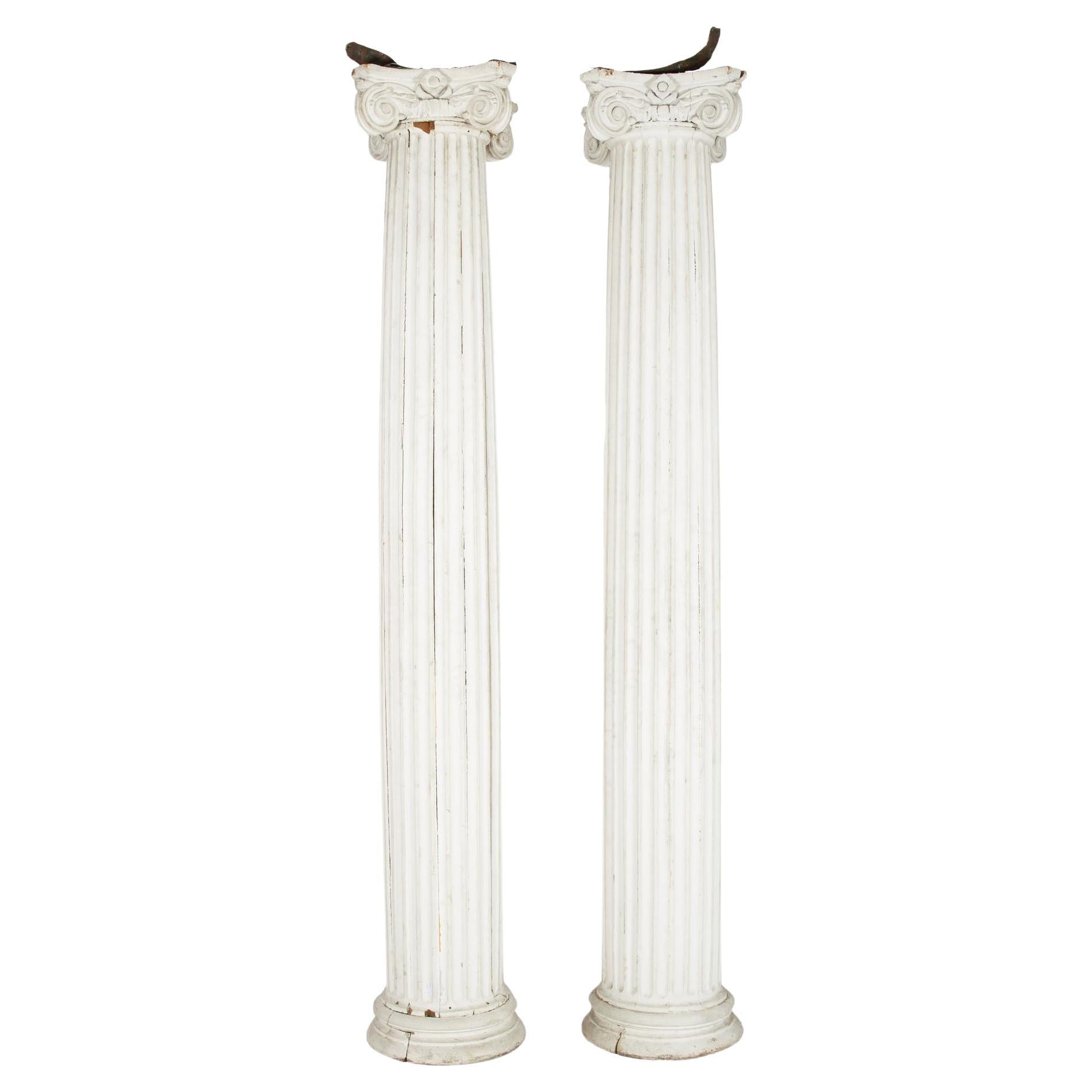 19th Century Pair of Painted Wood Full-Length Columns w/ Ionic Capitals