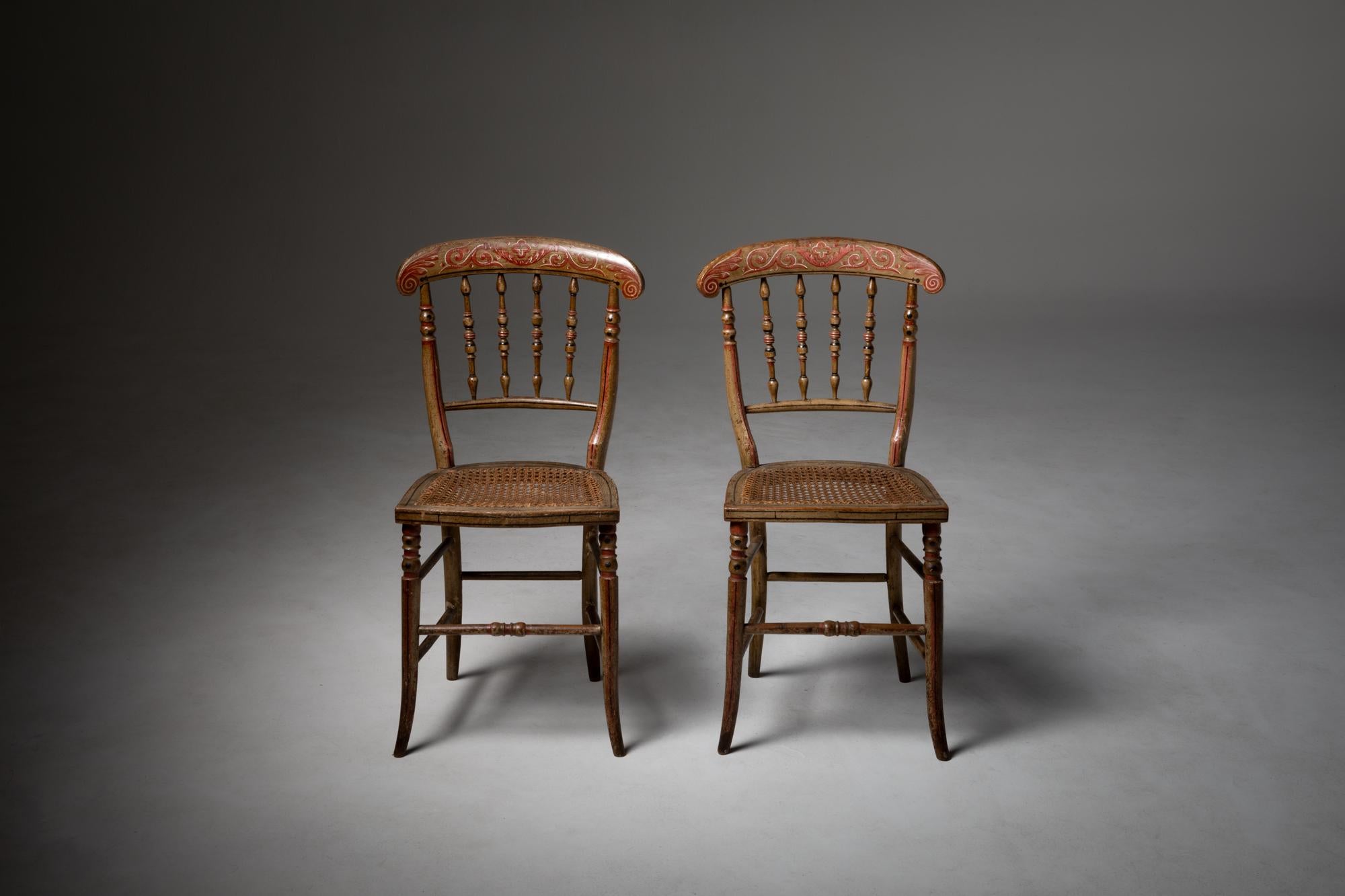 Hand-Crafted 19th Century Pair of Painted Wooden Chairs with Cane Seat For Sale