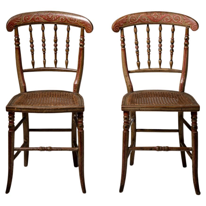 19th Century Pair of Painted Wooden Chairs with Cane Seat For Sale