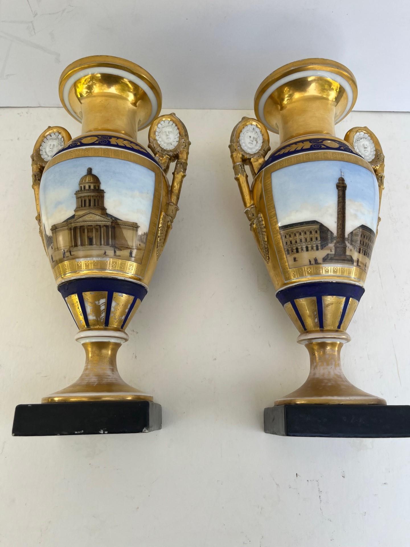 19th Century Pair of Paris Two Handled Vases in Gold and Cobalt Blue. For Sale 5