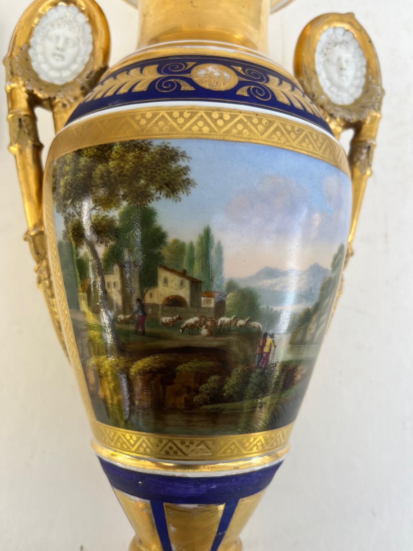 Empire 19th Century Pair of Paris Two Handled Vases in Gold and Cobalt Blue. For Sale