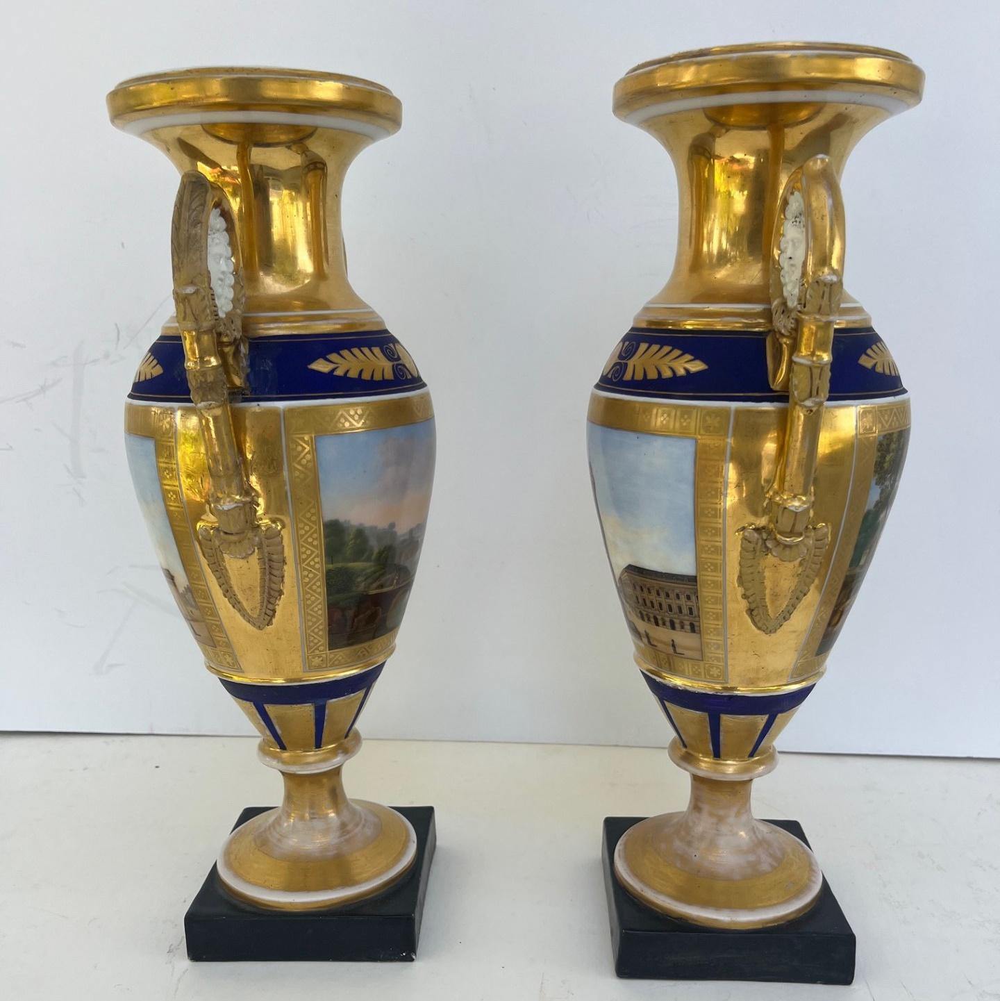 Hand-Painted 19th Century Pair of Paris Two Handled Vases in Gold and Cobalt Blue. For Sale