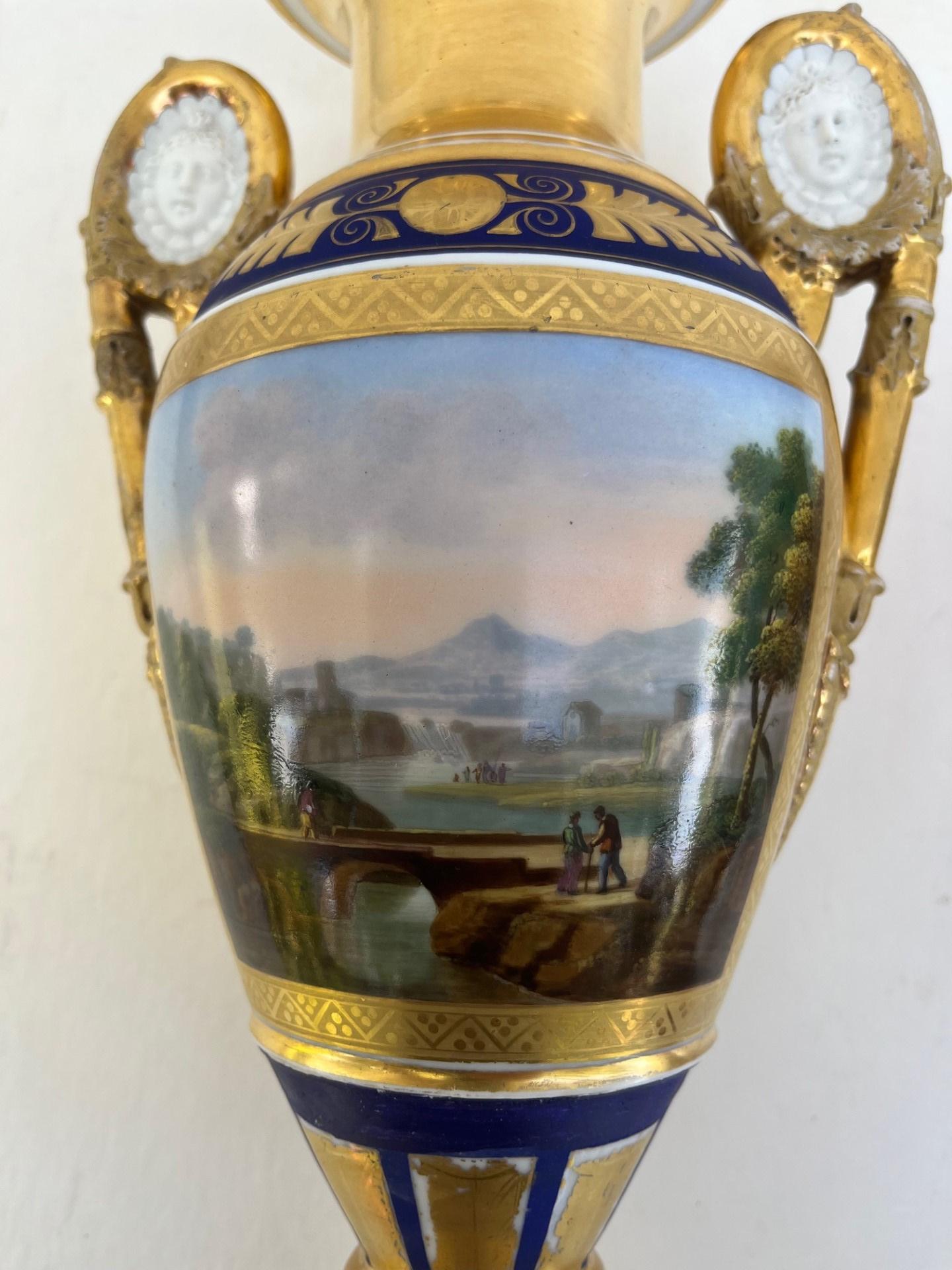 Porcelain 19th Century Pair of Paris Two Handled Vases in Gold and Cobalt Blue. For Sale