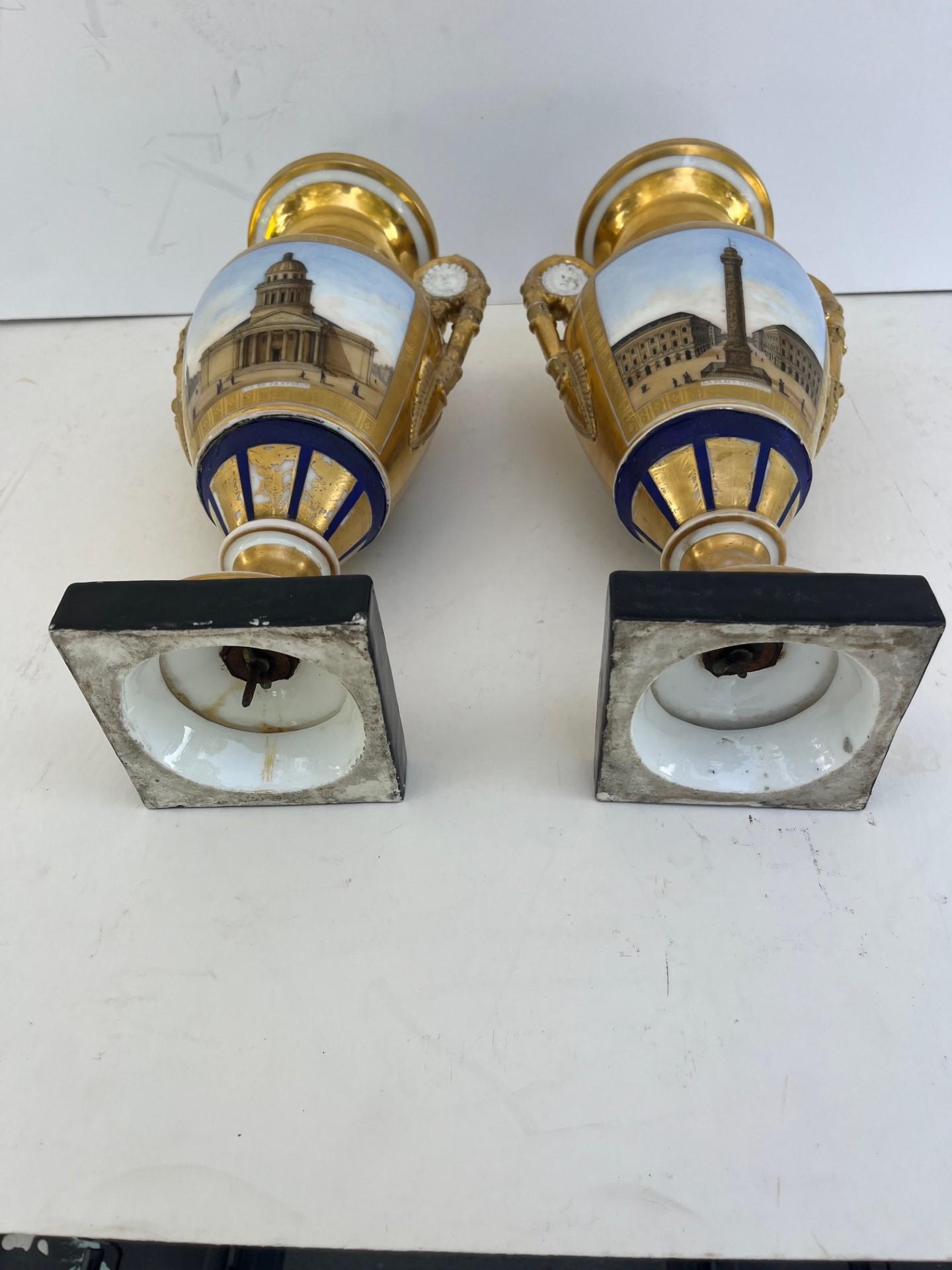 19th Century Pair of Paris Two Handled Vases in Gold and Cobalt Blue. For Sale 3