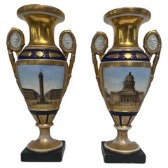 Vintage 19th Century Pair of Paris Two Handled Vases in Gold and Cobalt Blue.