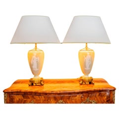 19th Century Pair of Pâte Sur Pâte Lamps Re-electrified, Celadon France