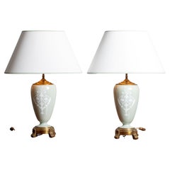 19th Century Pair of Pâte Sur Pâte Lamps Re-electrified, Celadon France