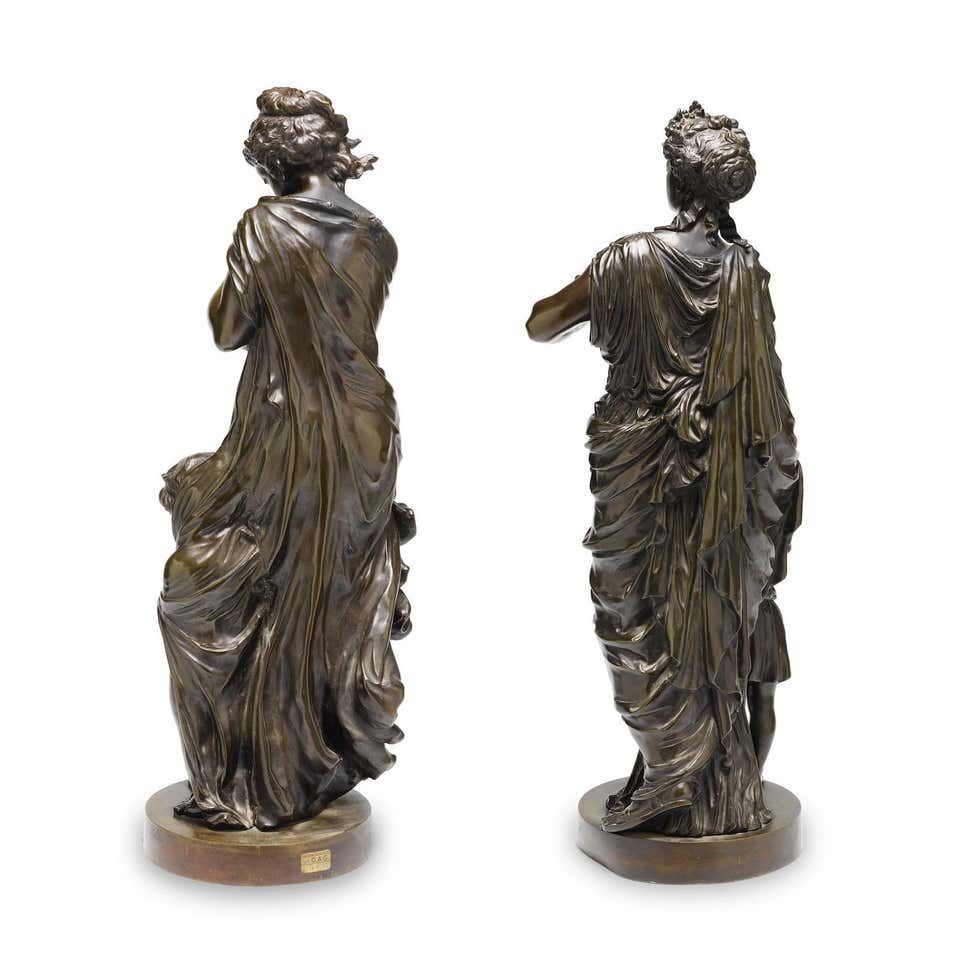 French 19th Century Pair of Patinated Bronze Allegorical Sculptures by Alexandre Stella For Sale