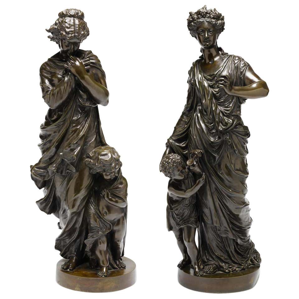 19th Century Pair of Patinated Bronze Allegorical Sculptures by Alexandre Stella For Sale