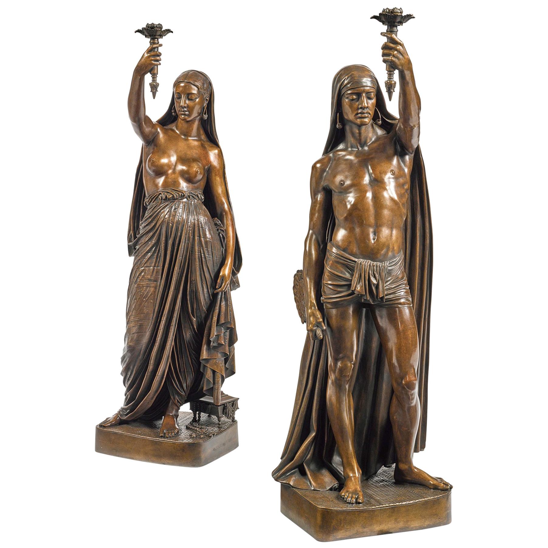 19th Century Pair of Patinated Bronze Torchères by François Toussaint