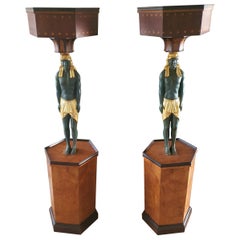 Antique 19th Century Pair of Pedestals, Coloumns Caryatids, Ebony, Maples burl, Marble