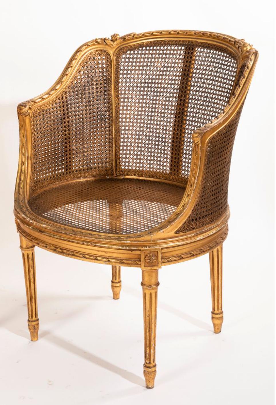 19th Century Pair of Petite French Gilt Wood Ballroom Round Chairs, Louis XVI  1