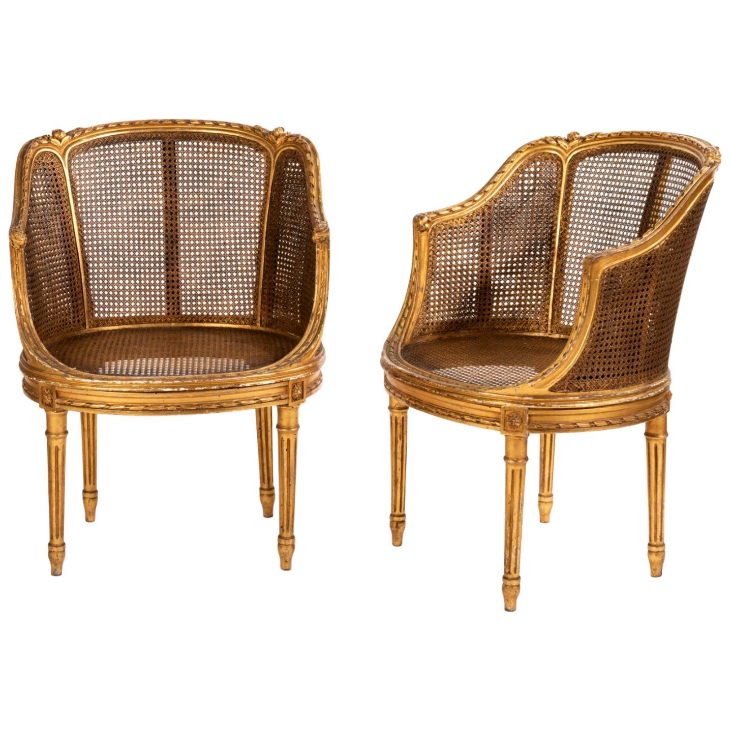 19th Century Pair of Petite French Gilt Wood Ballroom Round Chairs, Louis XVI 