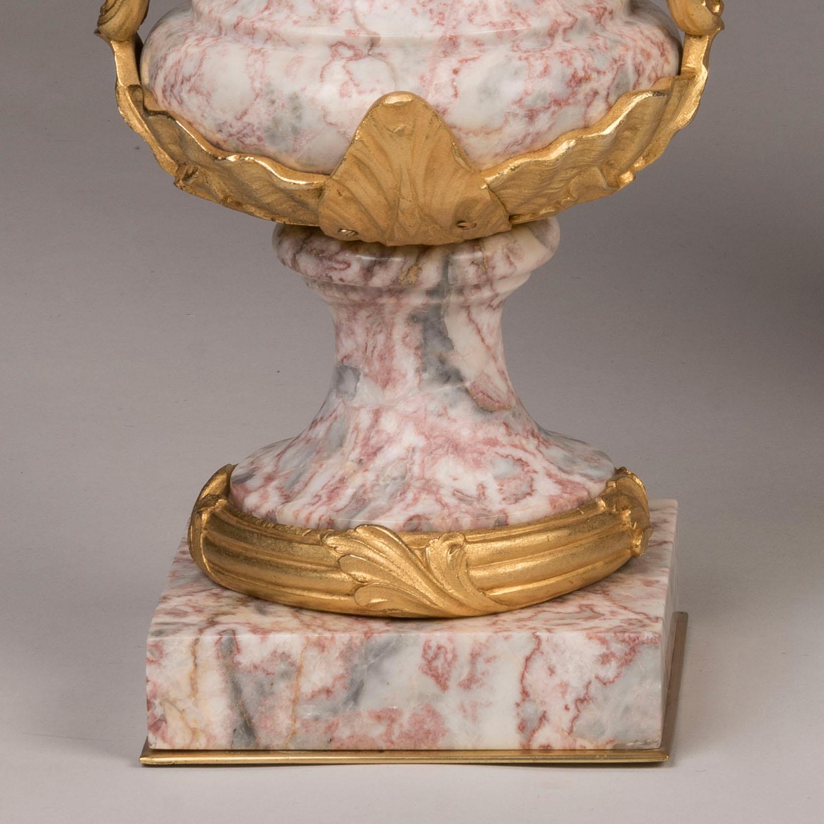 19th Century 19th century pair of Pink Marble Vases in the Louis XV Manner For Sale